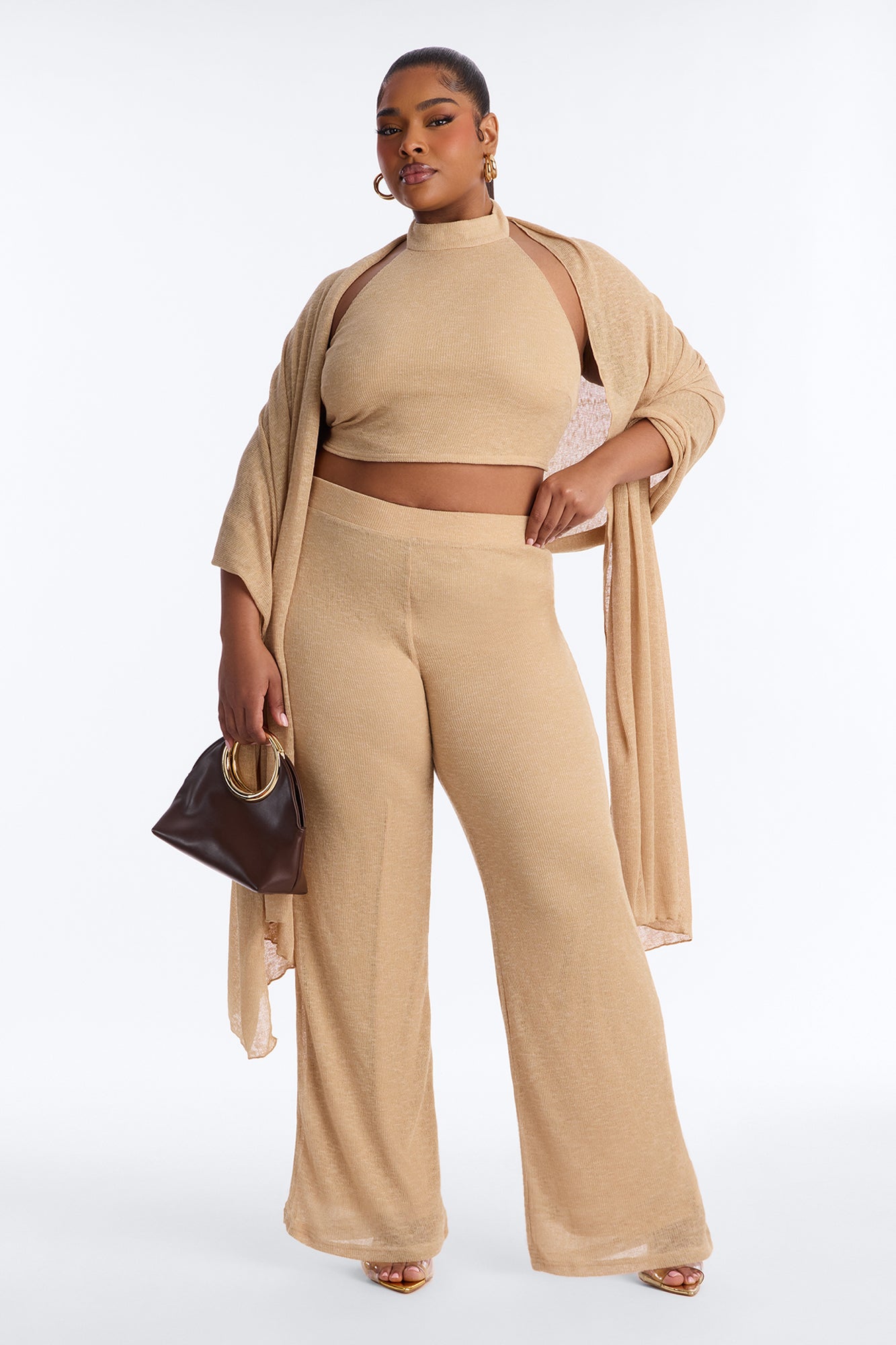 Helena Knit Halter 3 Piece Pant Set - Taupe