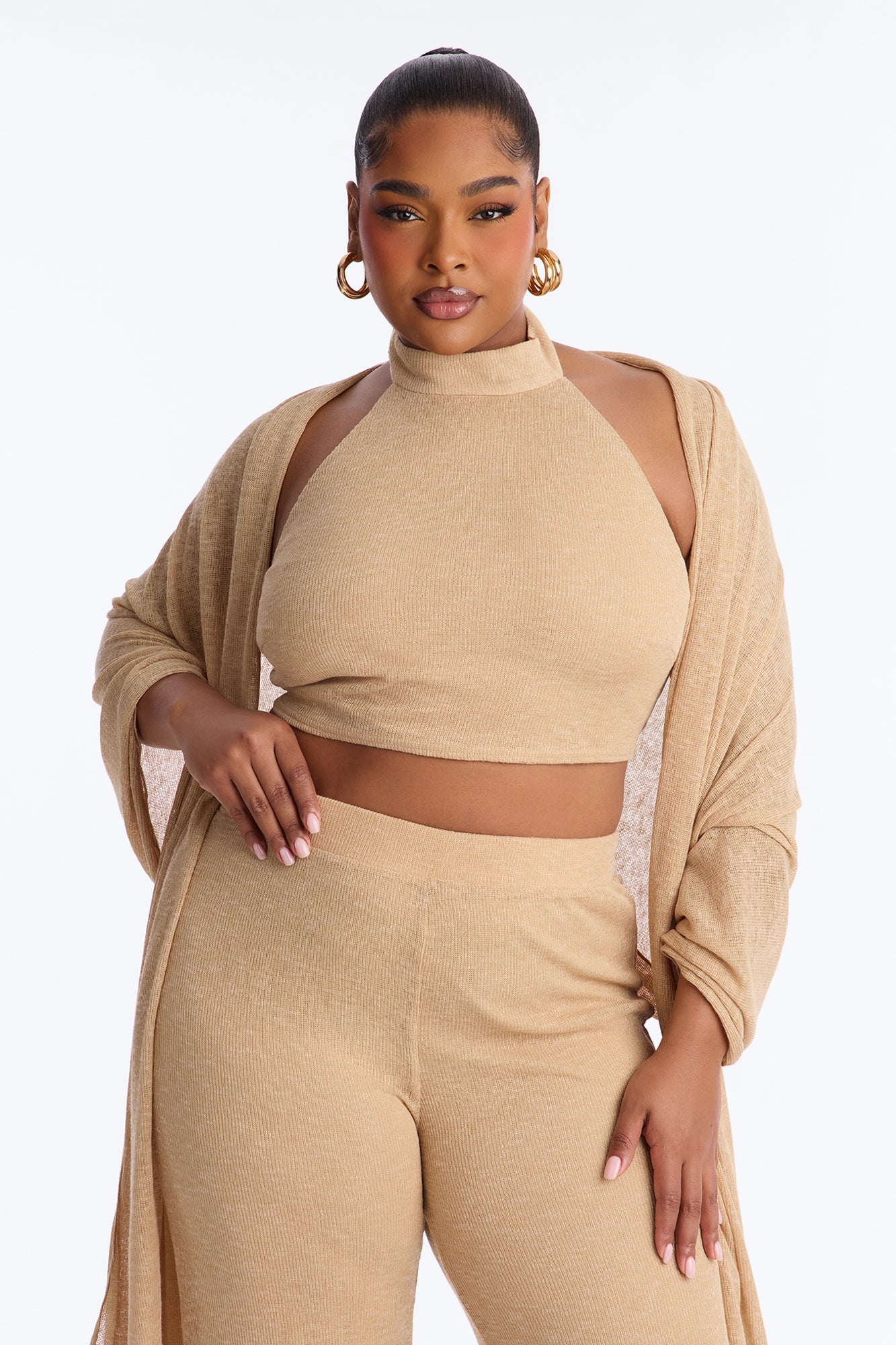 Helena Knit Halter 3 Piece Pant Set - Taupe