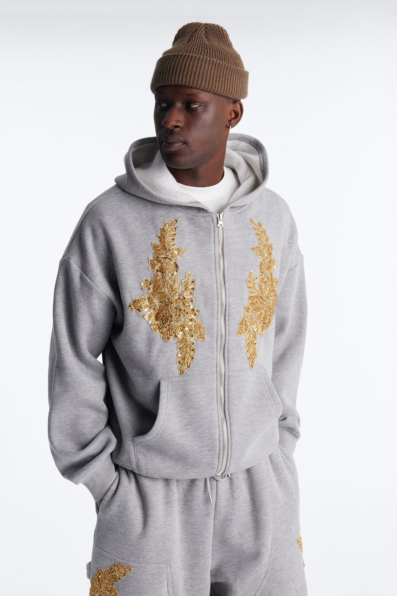 Oversized Rogue Sequin Applique Zip Up Hoodie - Grey