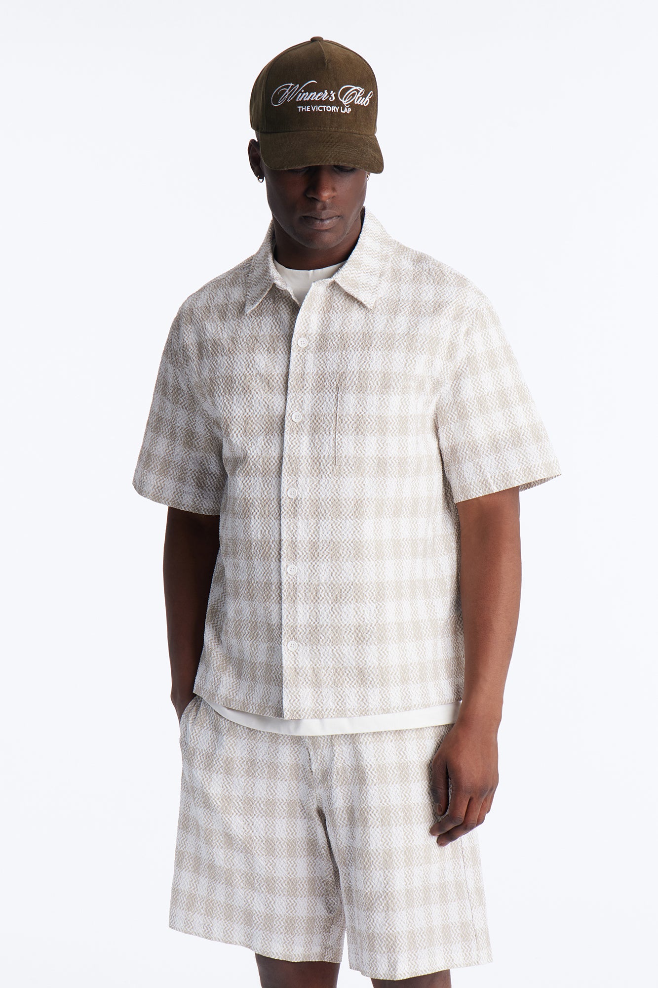 Chess Check Seersucker Button Up Shirt - Tan