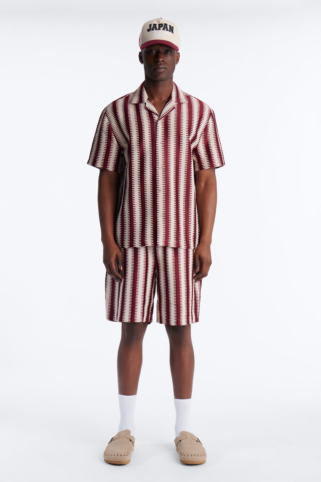 Summit Striped Short Sleeve Button Up - Burgundy
