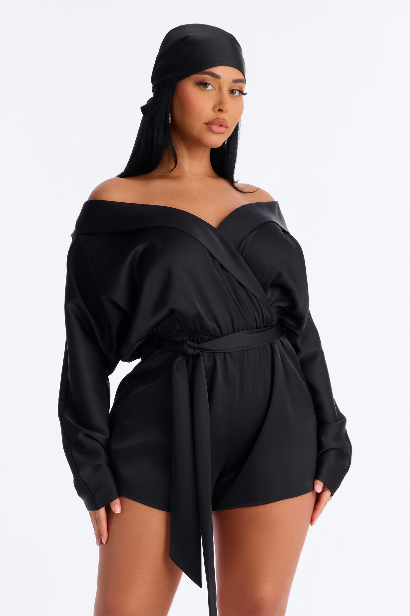 Gelina Satin Romper And Headscarf 2 Piece Set - Black