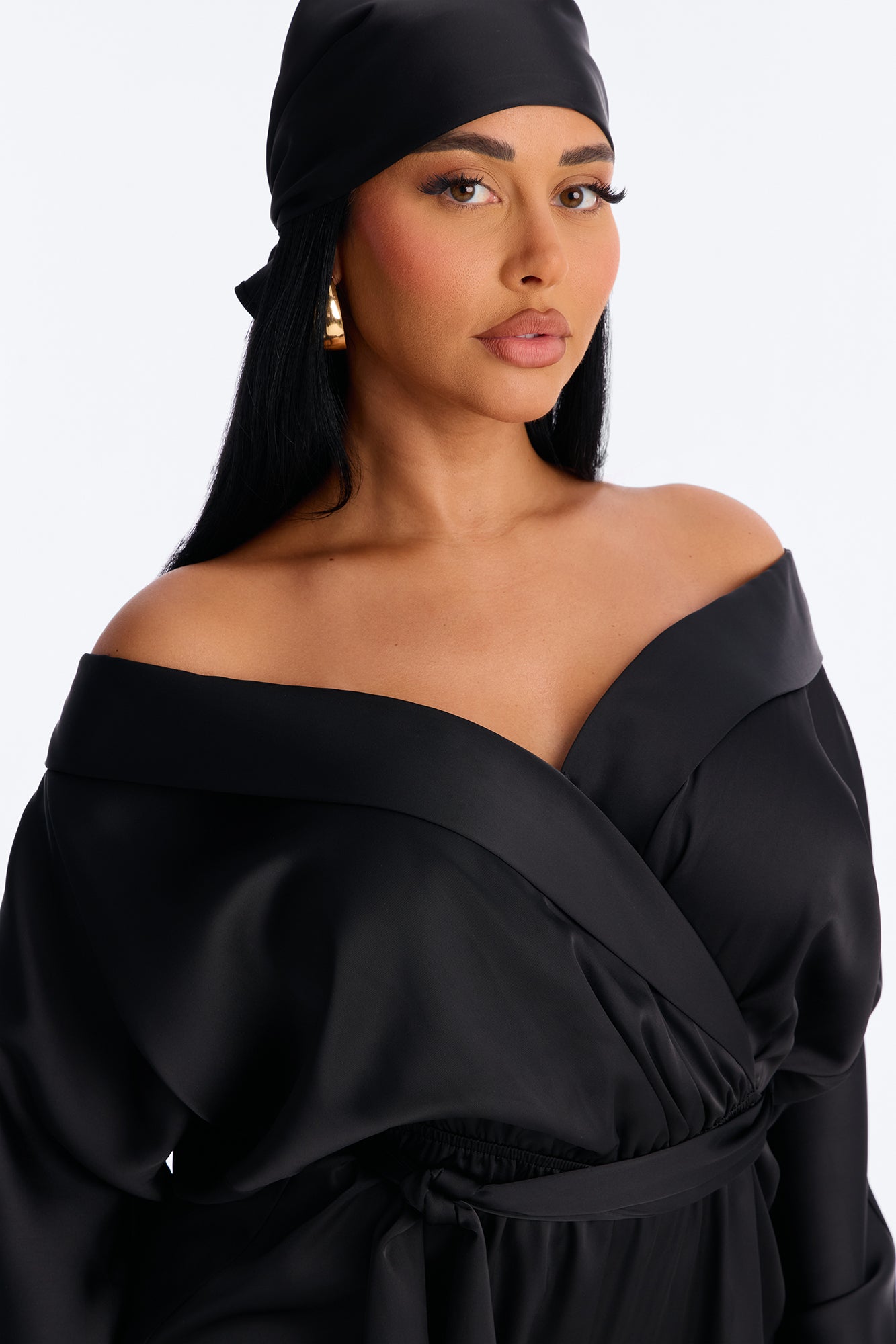 Gelina Satin Romper And Headscarf 2 Piece Set - Black