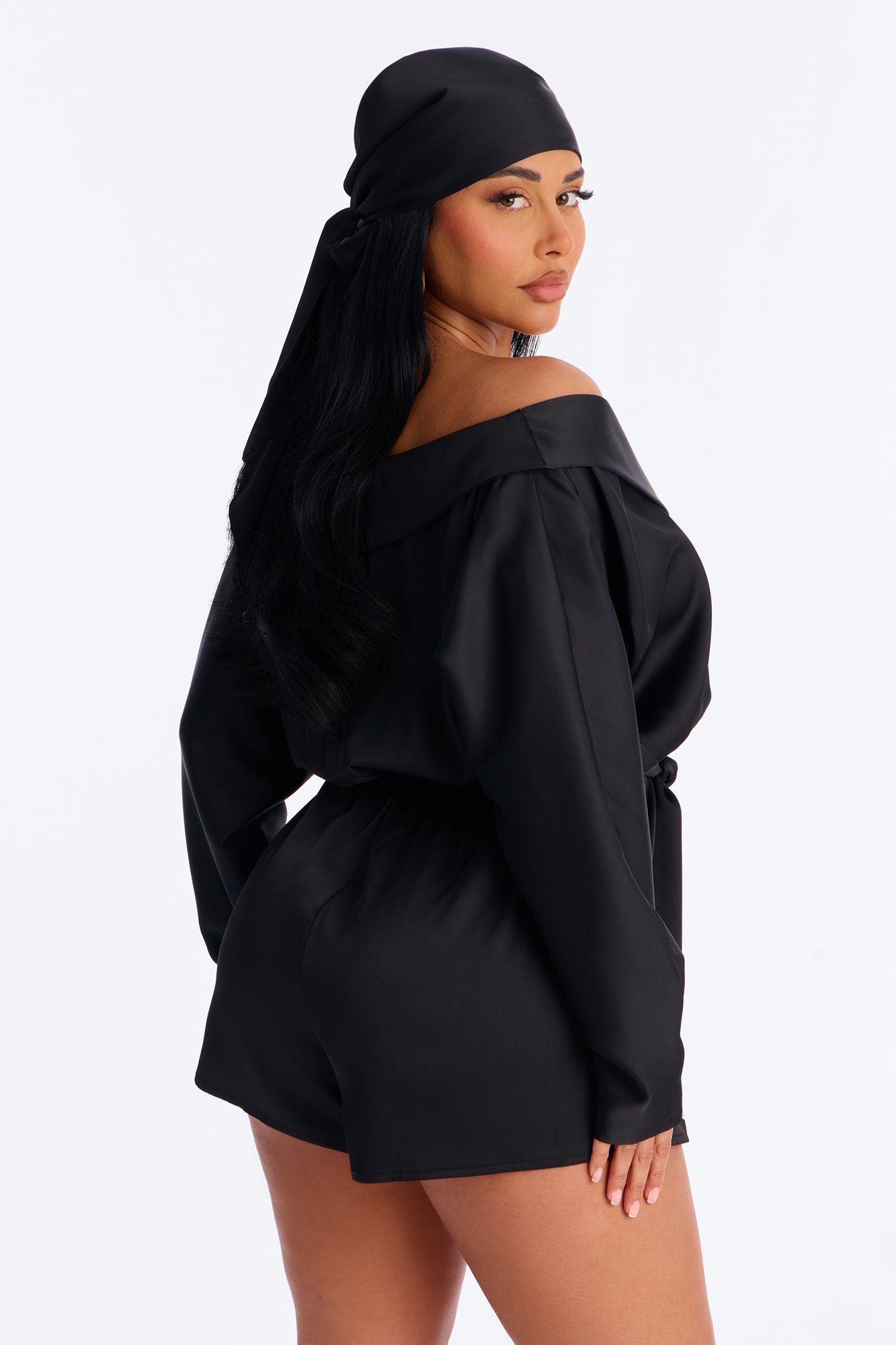 Gelina Satin Romper And Headscarf 2 Piece Set - Black