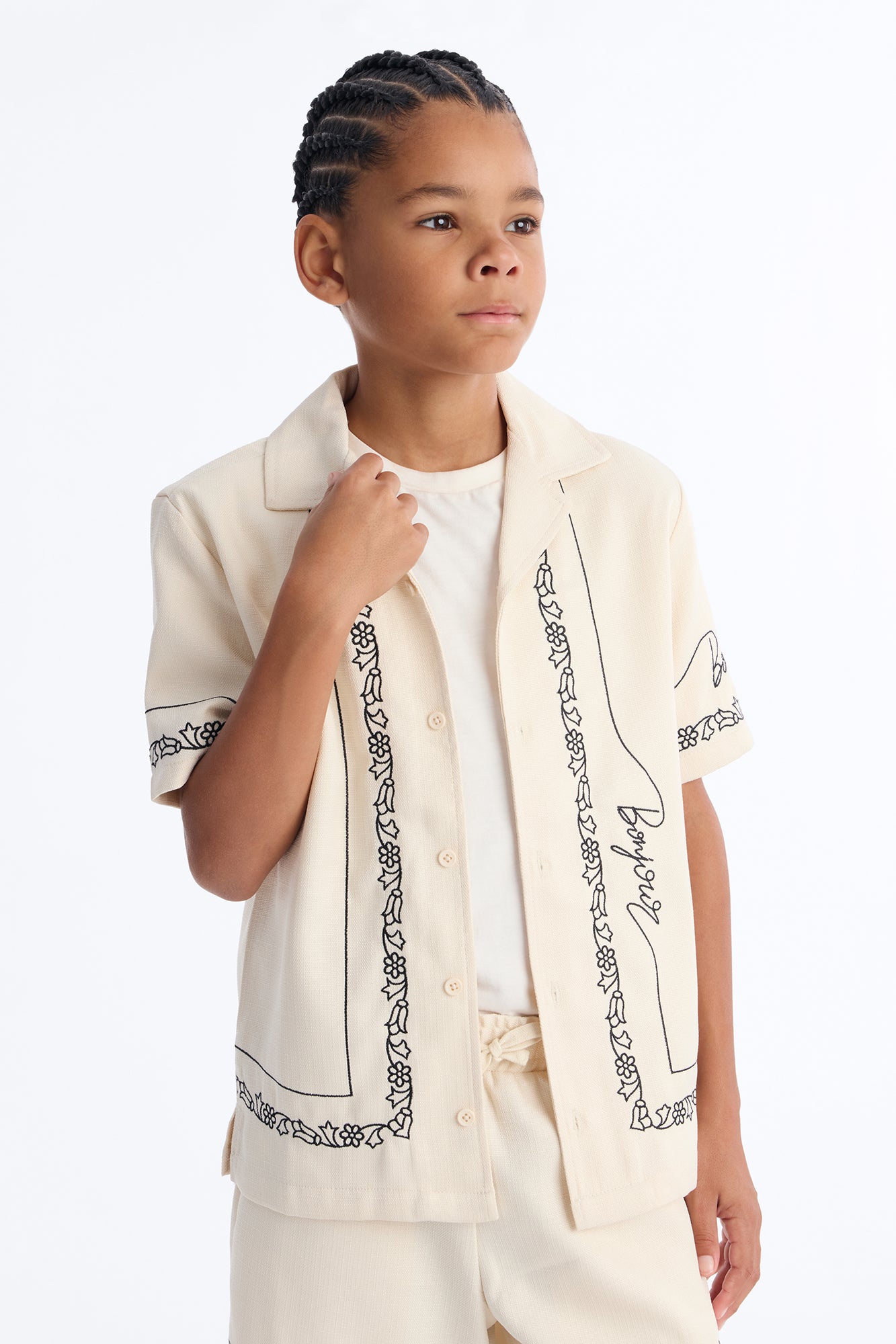 Mini St. Tropez Embroidered Cuban Collar Button Up Shirt - Cream