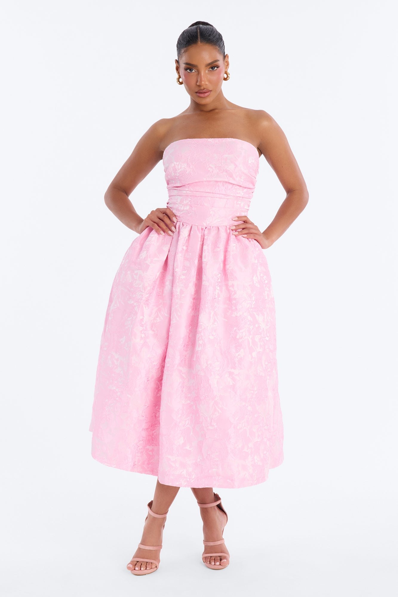 Pamela Floral Jacquard Midi Dress - Pink