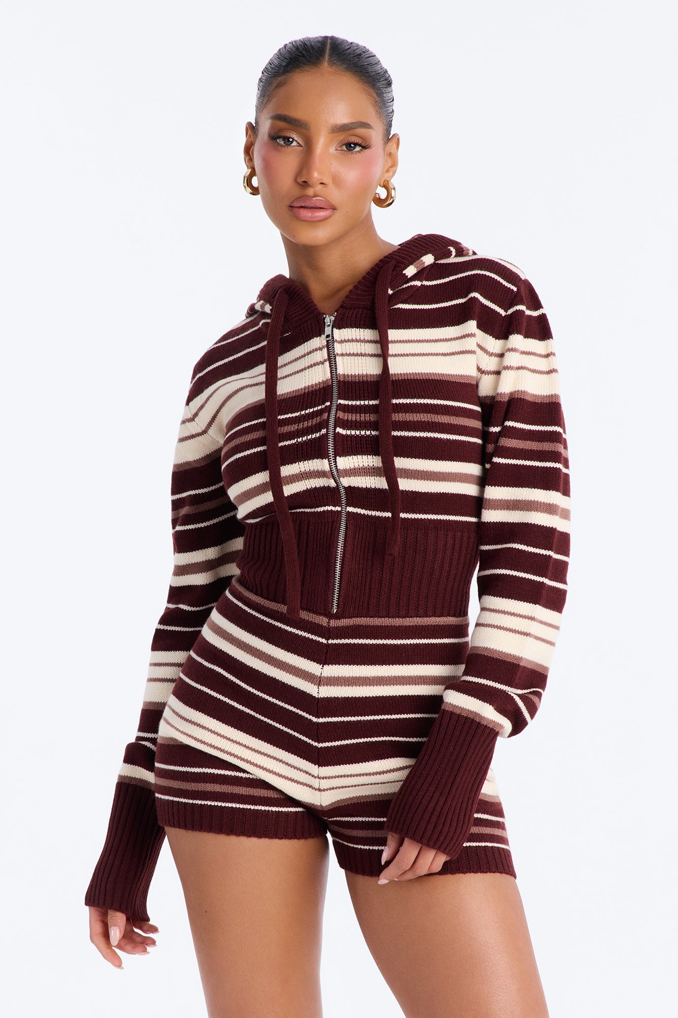 Heather Striped Knit Micro Romper - Brown/combo
