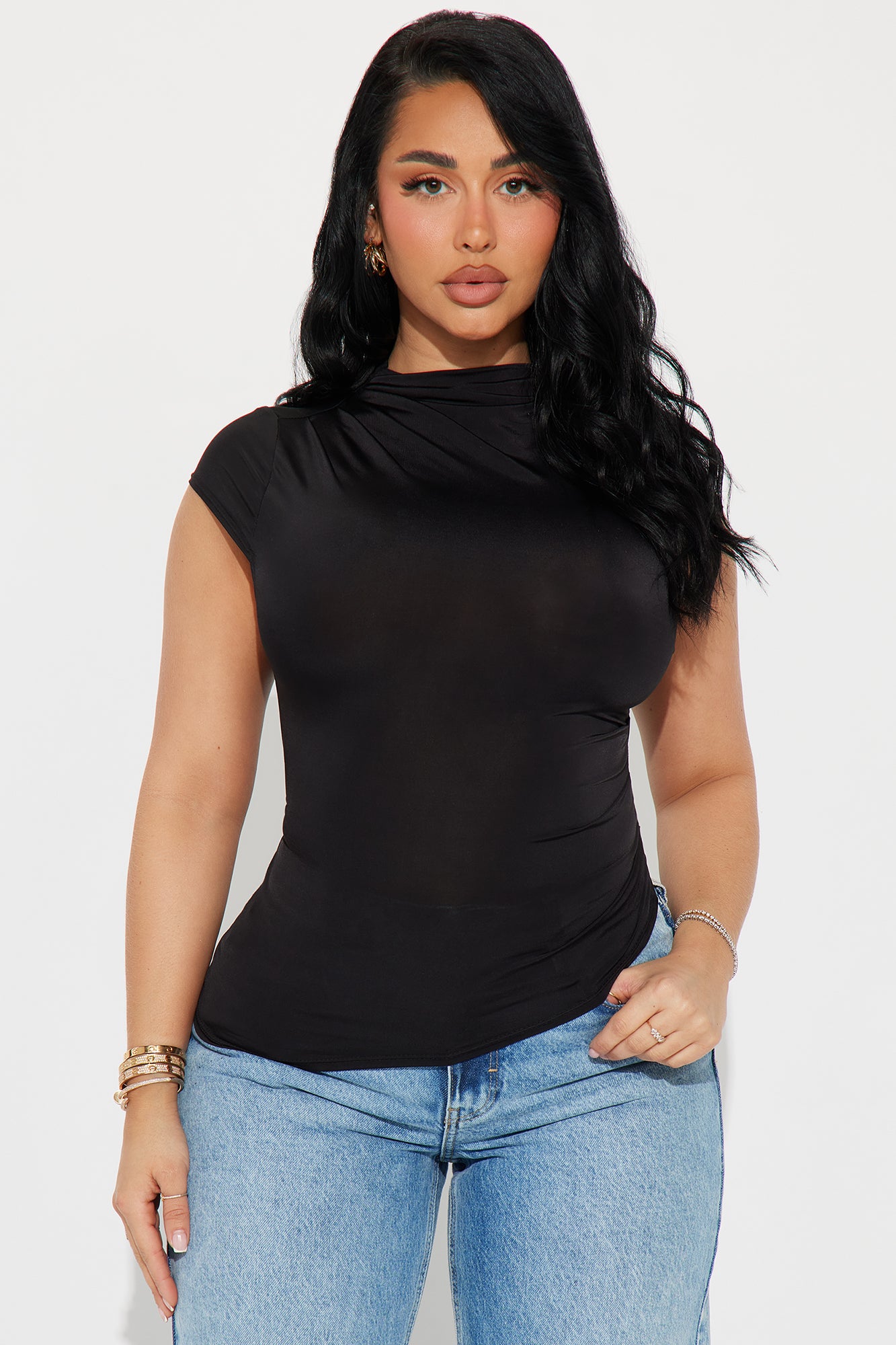 Ines Asymmetrical Ruched High Neck Top - Black