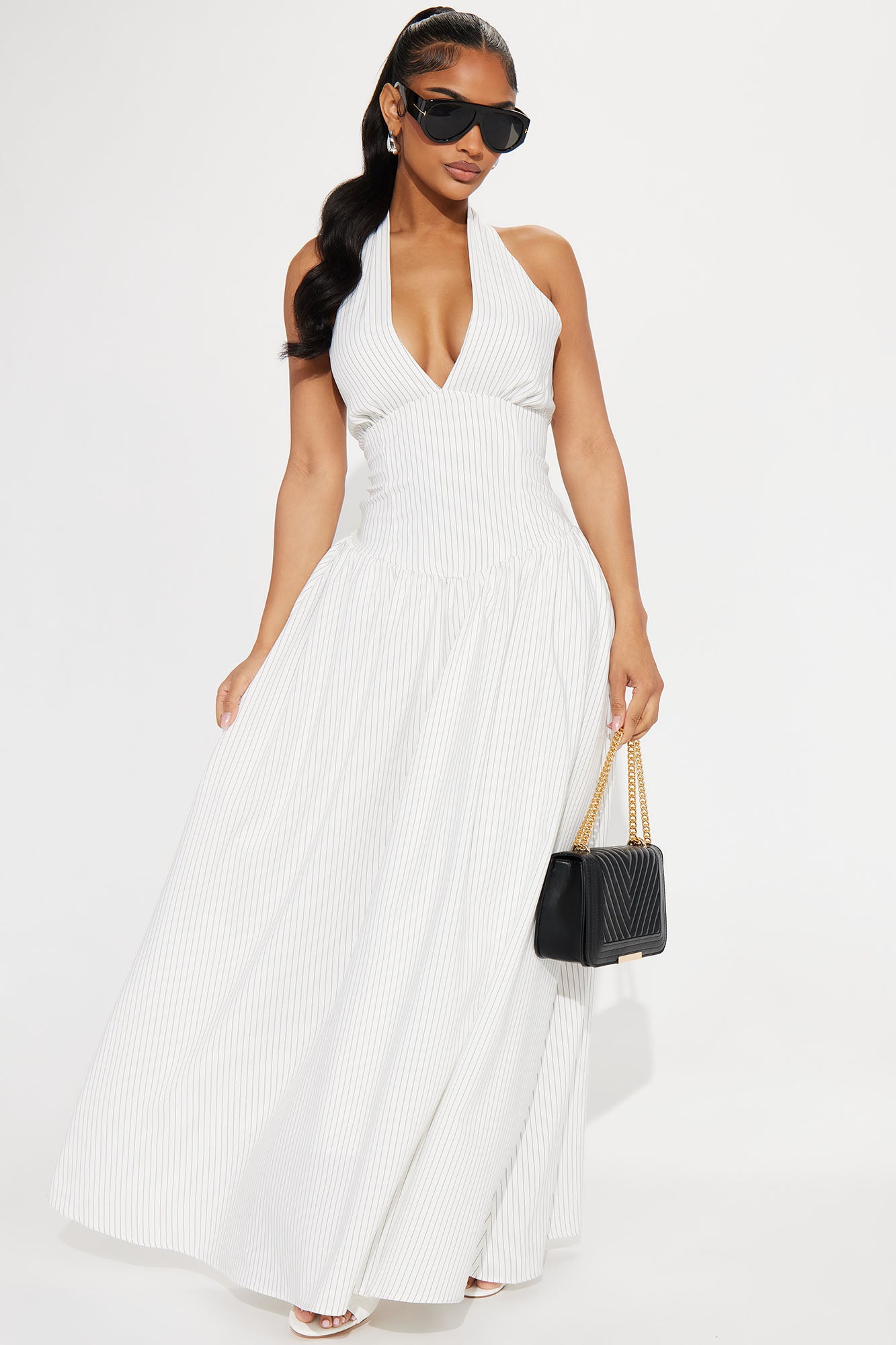 Jayla Pinstripe Halter Maxi Dress - White/combo