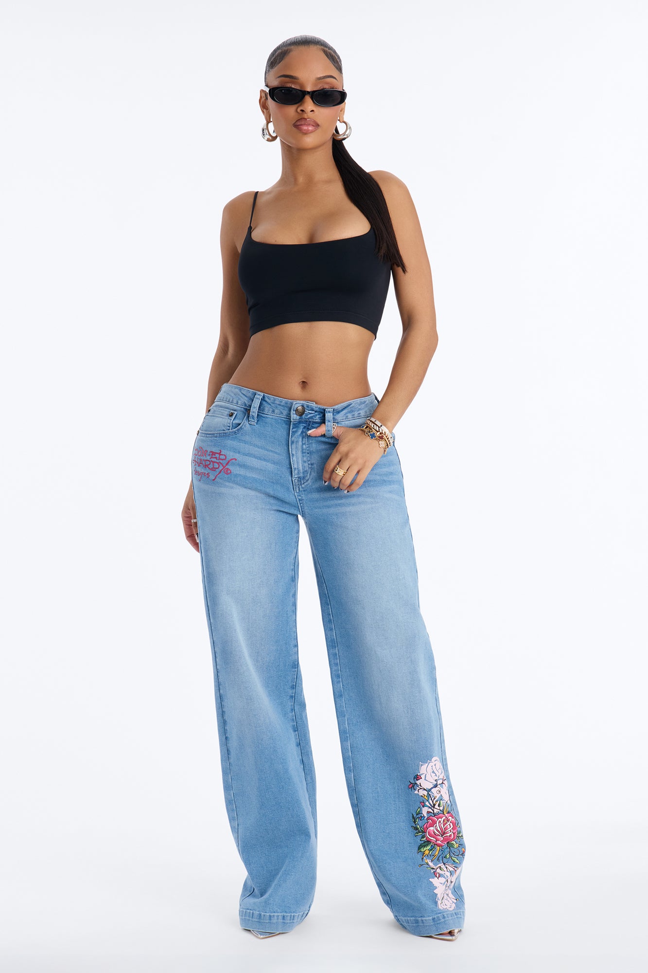 Ed Hardy Lovely Panther Wide Leg Jeans - Light Wash