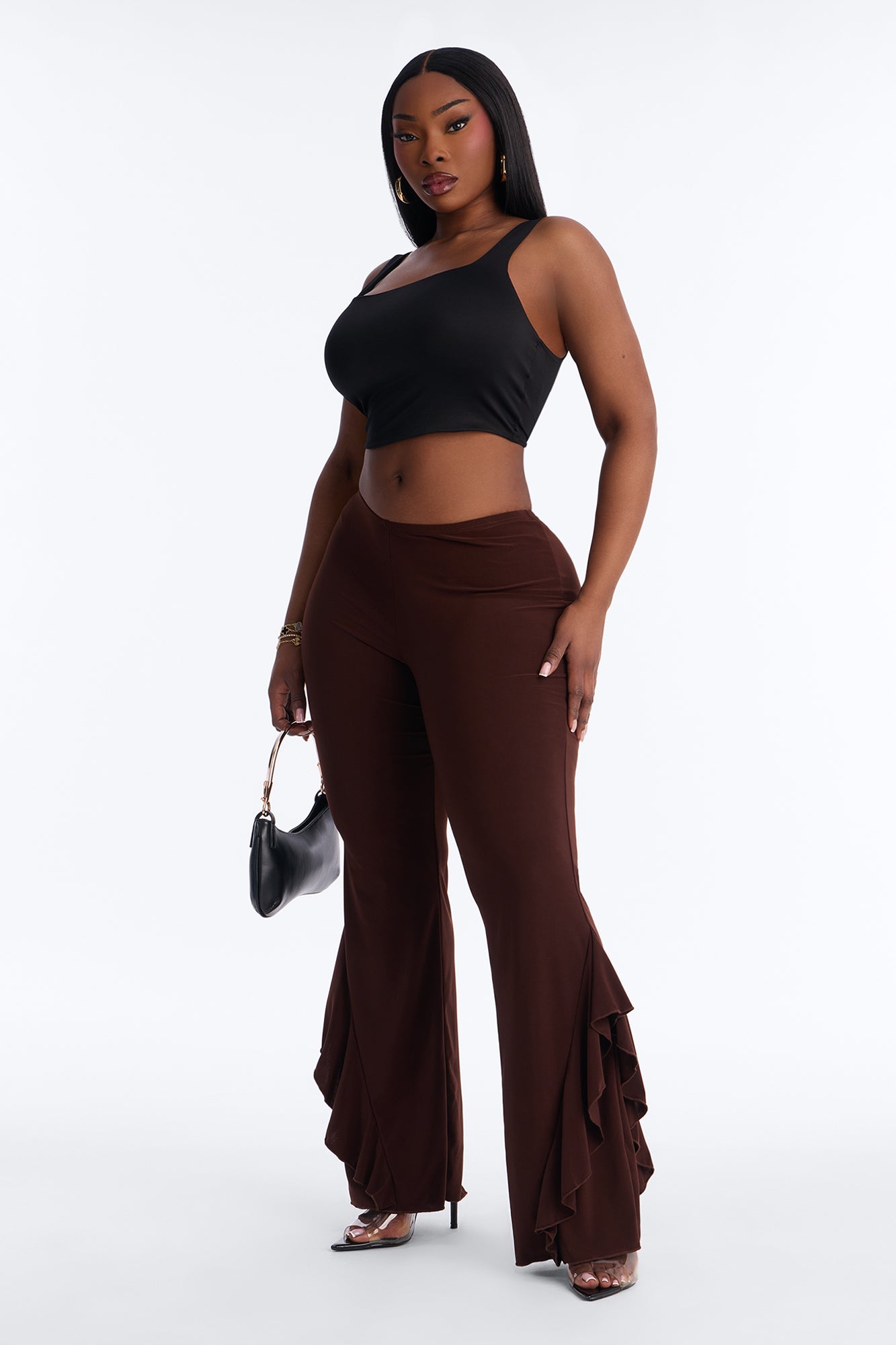 Liana Low Rise Ruffle Flare Pant 33″ - Brown