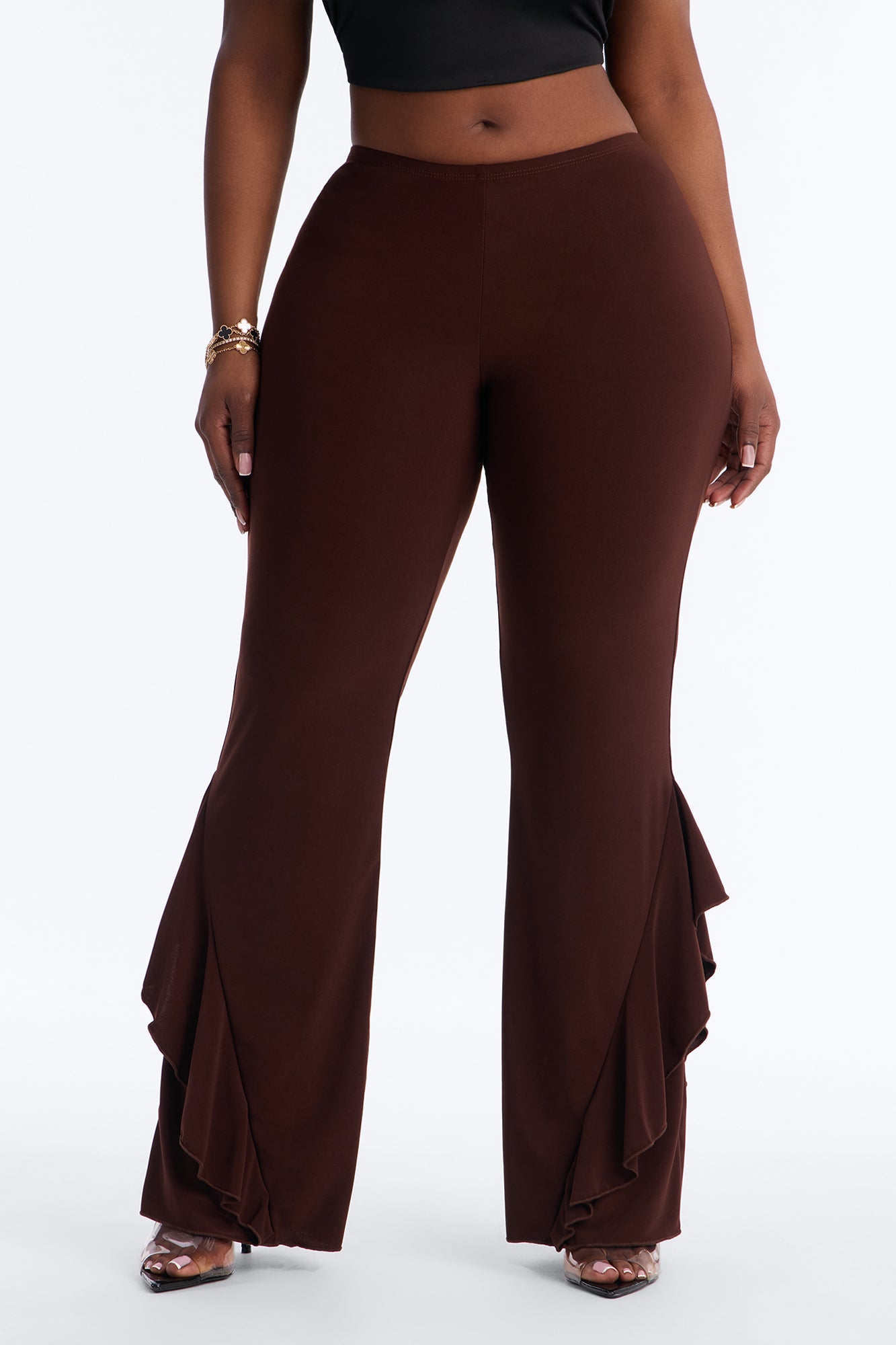 Liana Low Rise Ruffle Flare Pant 33″ - Brown