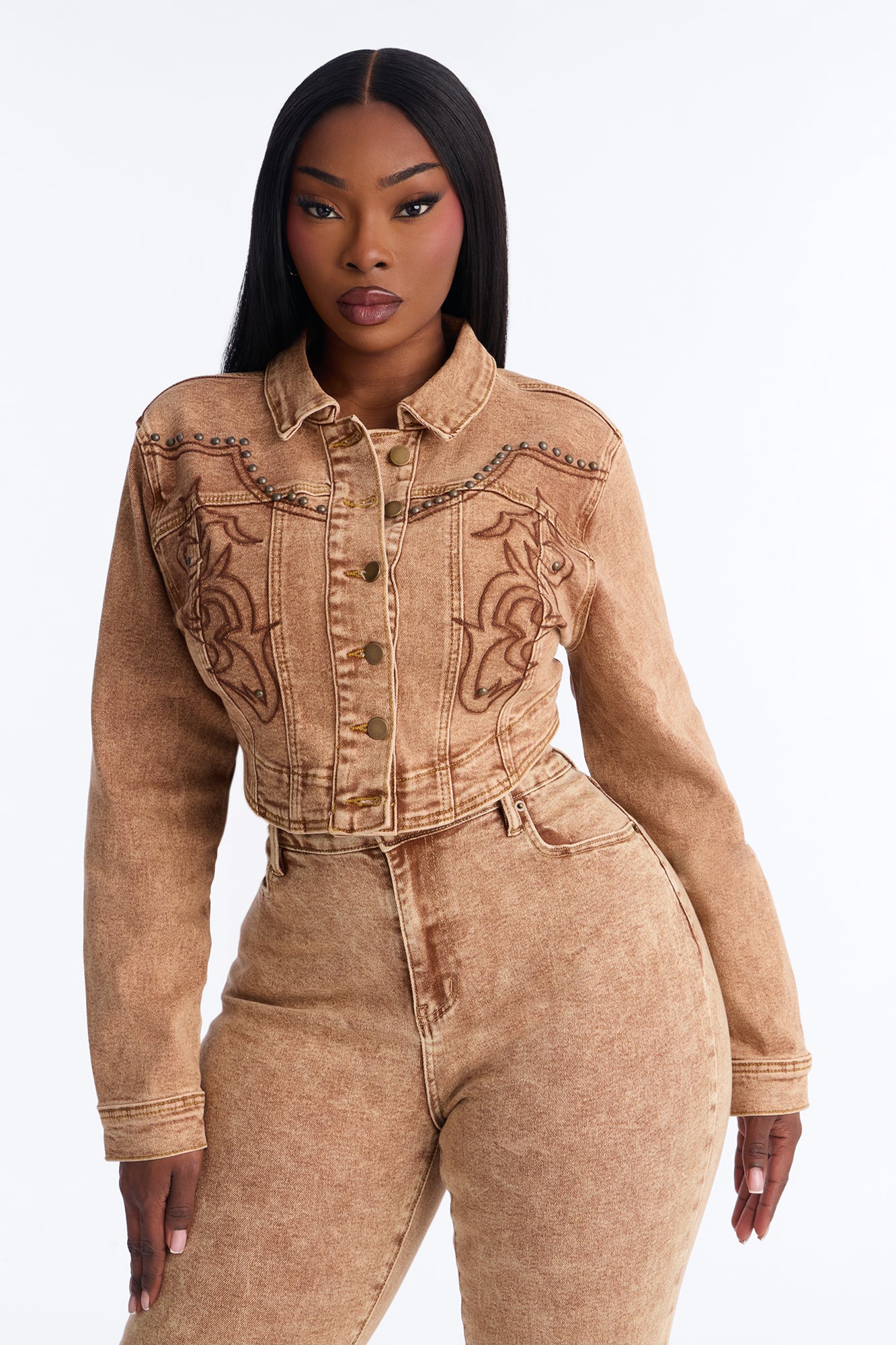 Letting It Ride Embellished Stretch Denim Jacket - Brown