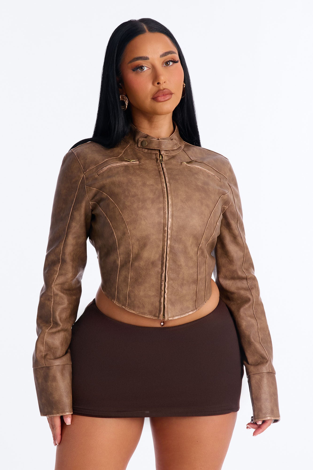 Run The Streets Fitted Washed Faux Leather Moto Jacket - Brown
