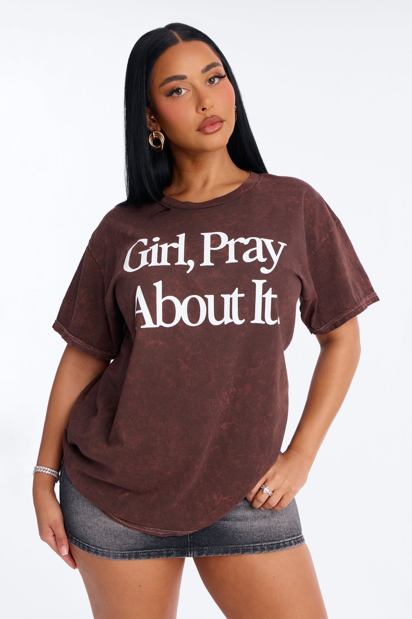 Girl Pray About It Washed Tshirt - Brown