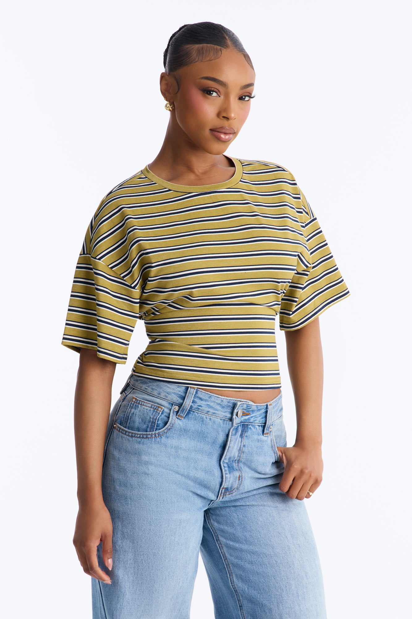 Street Ease Striped Sinched Waist T-Shirt - Green/combo