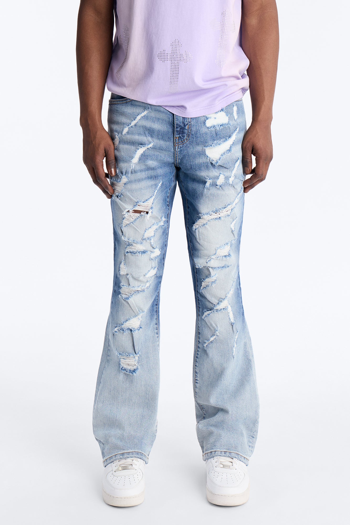 Stacked Skinny Flare Up And Destroyed Jean - Light Blue Wash