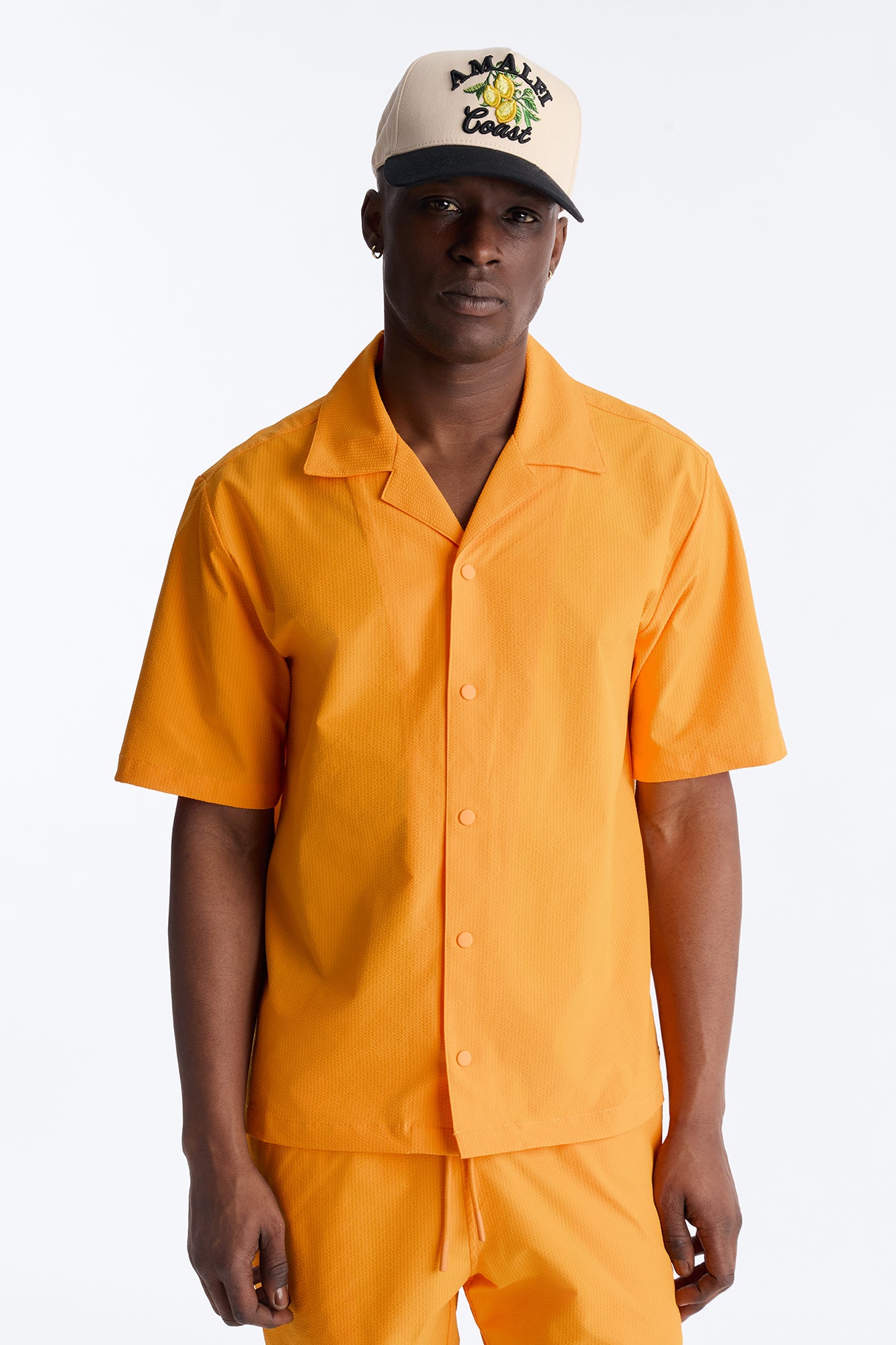 Seersucker Short Sleeve Cuban Collar Shirt - Orange