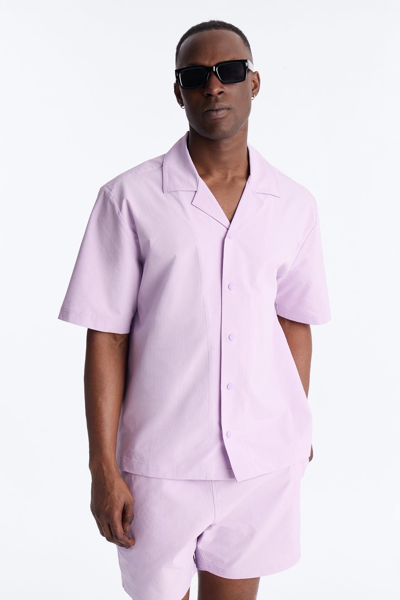 Seersucker Short Sleeve Cuban Collar Shirt - Lavender