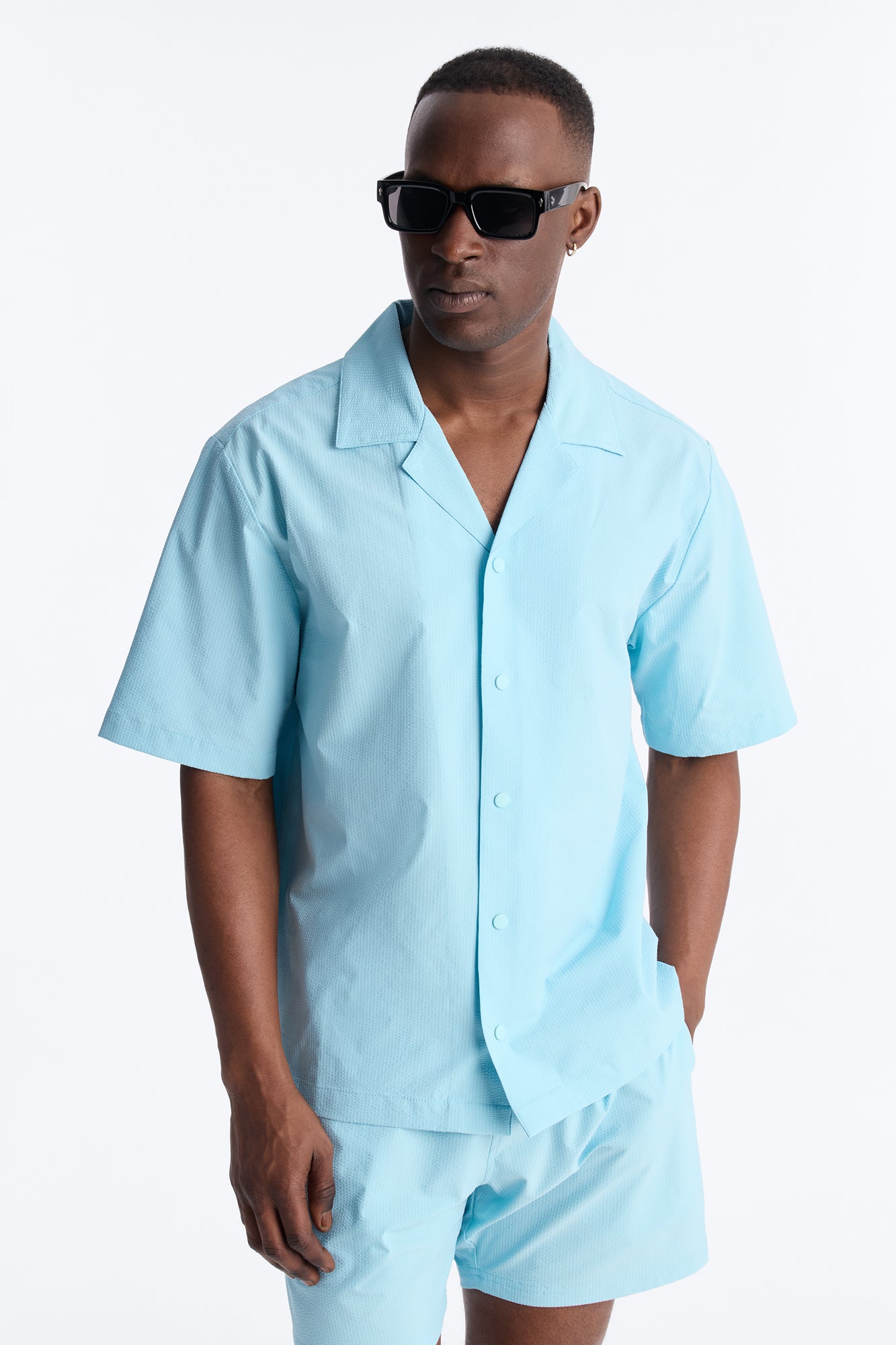 Seersucker Short Sleeve Cuban Collar Shirt - Light Blue