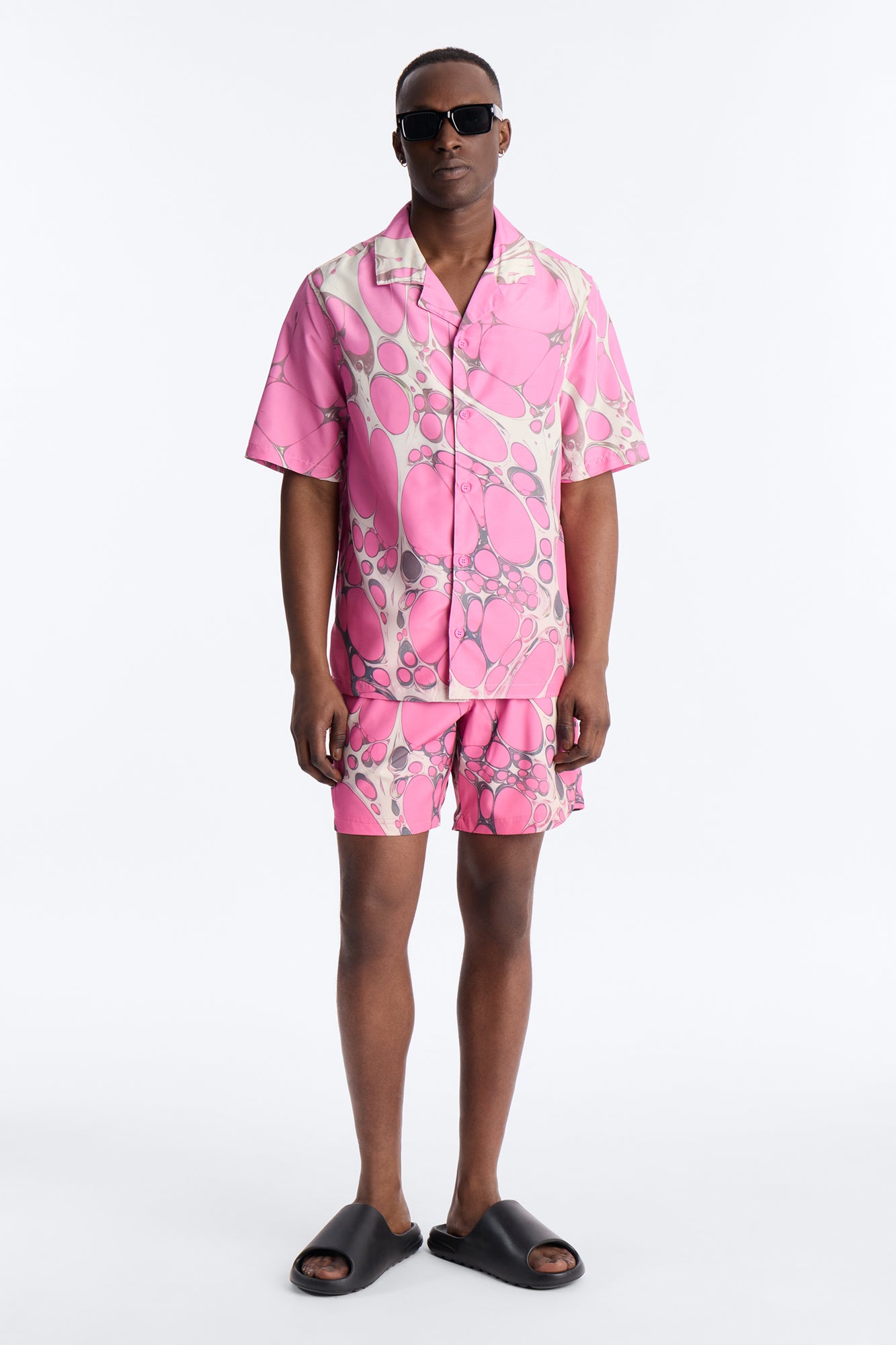 Aqua Drip Cuban Collar Button Up Shirt - Pink