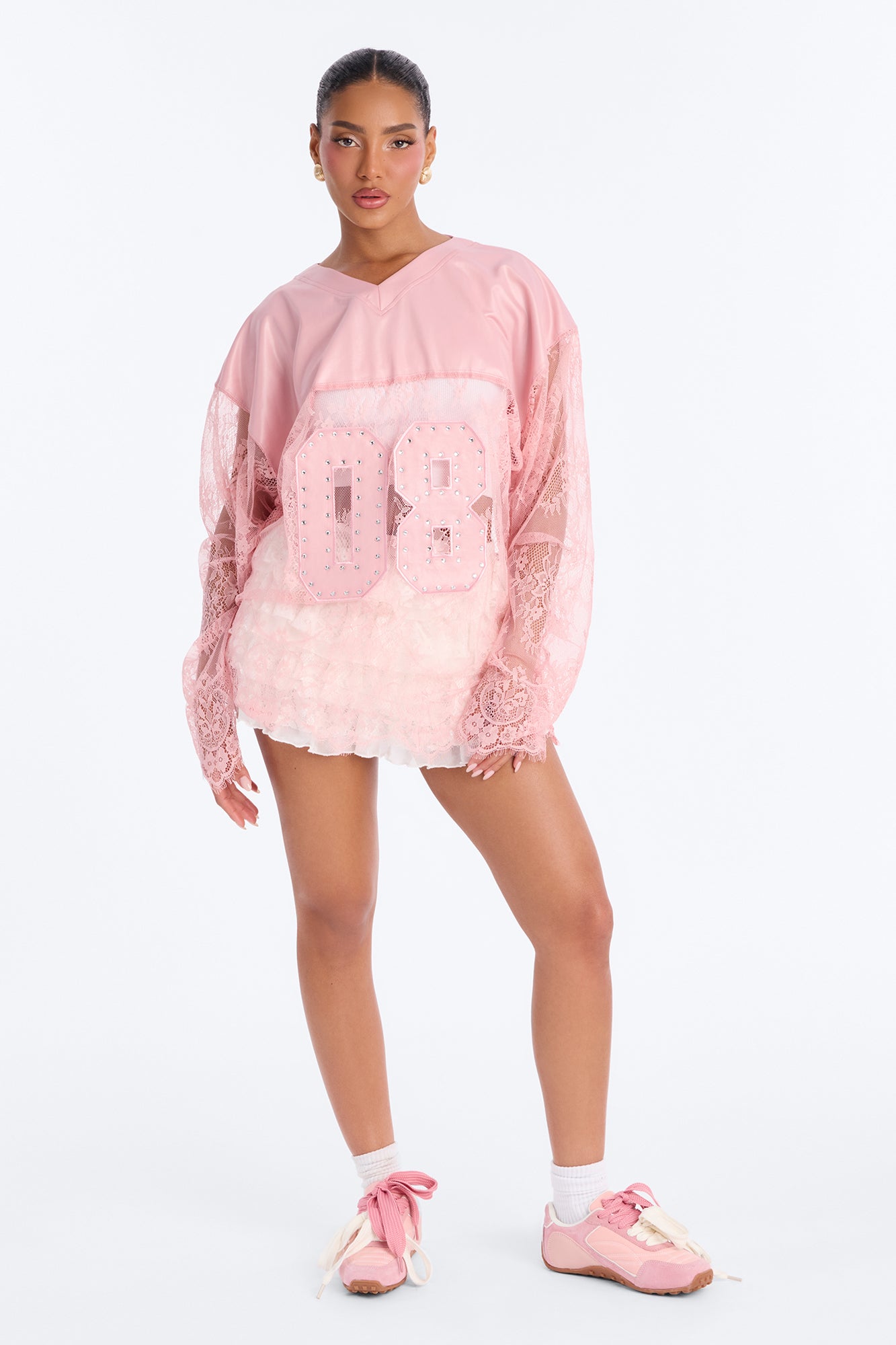 Game Countdown Lace Jersey Top - Pink