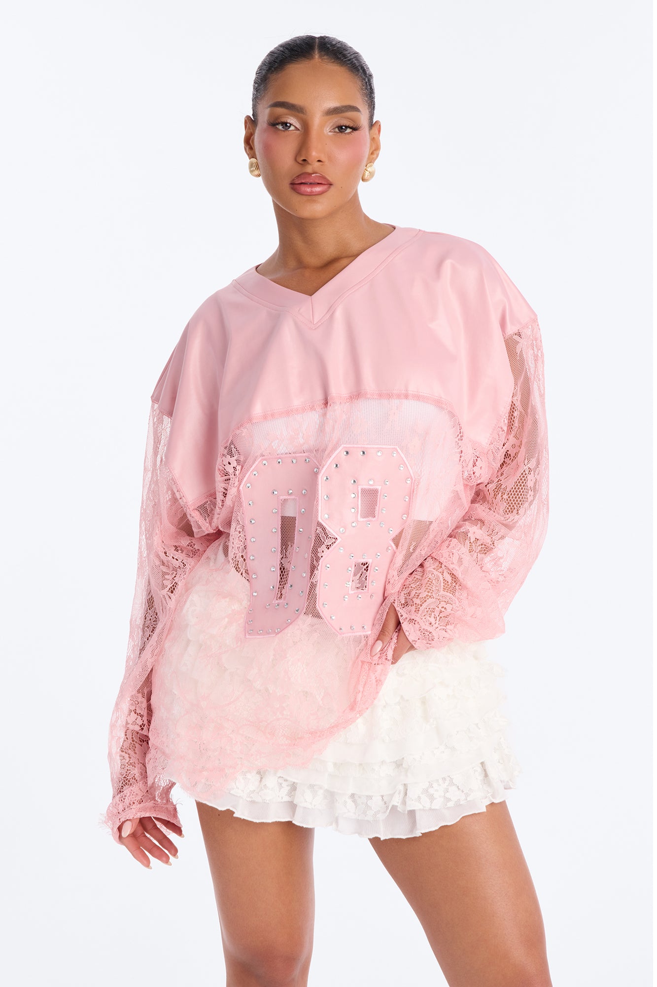 Game Countdown Lace Jersey Top - Pink