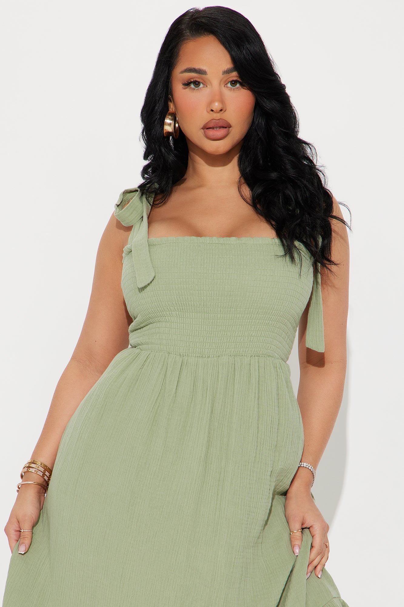 Liv Smocked Midi Dress - Olive