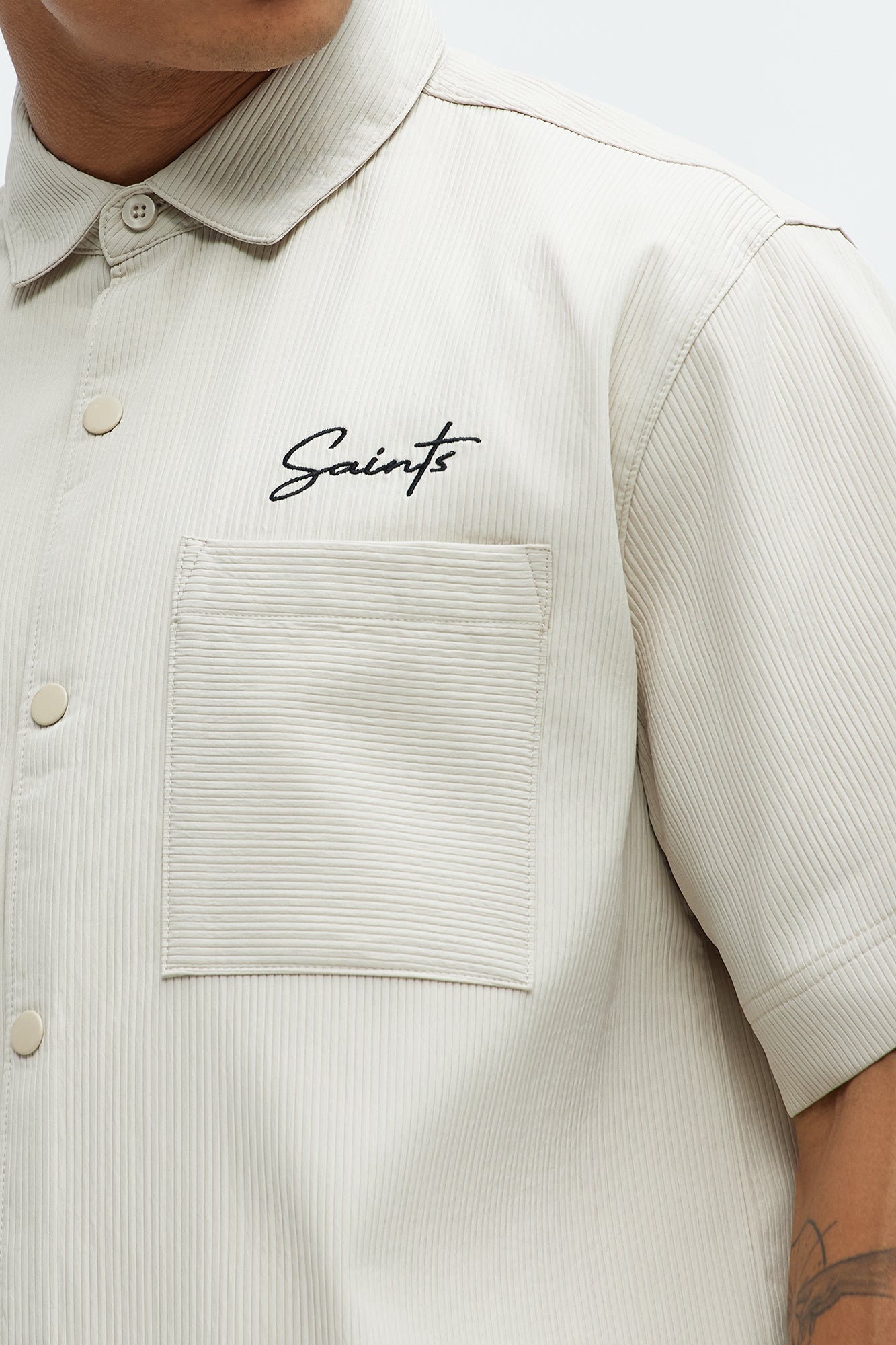 Saint Embroidered Short Sleeve Button Up - Off White