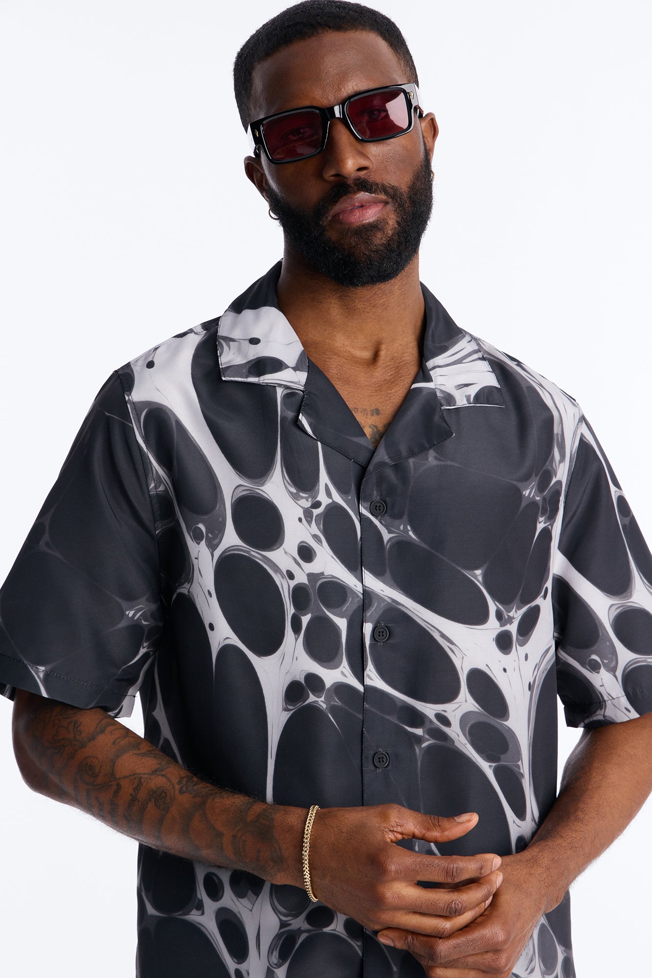 Aqua Drip Cuban Collar Button Up Shirt - Black