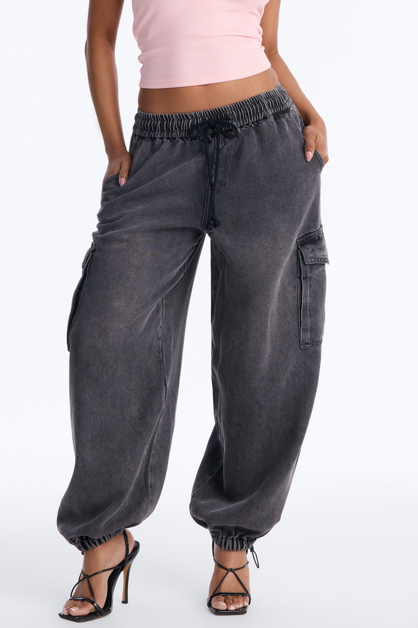 Montserrat Baggy Drapey Denim Cargo JoggerJeans - Dark Grey