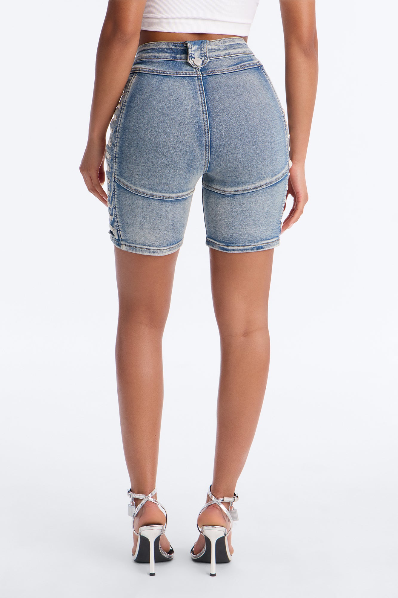 Jaw Dropper Stretch Lace Up Denim Bermuda Shorts - Medium Wash