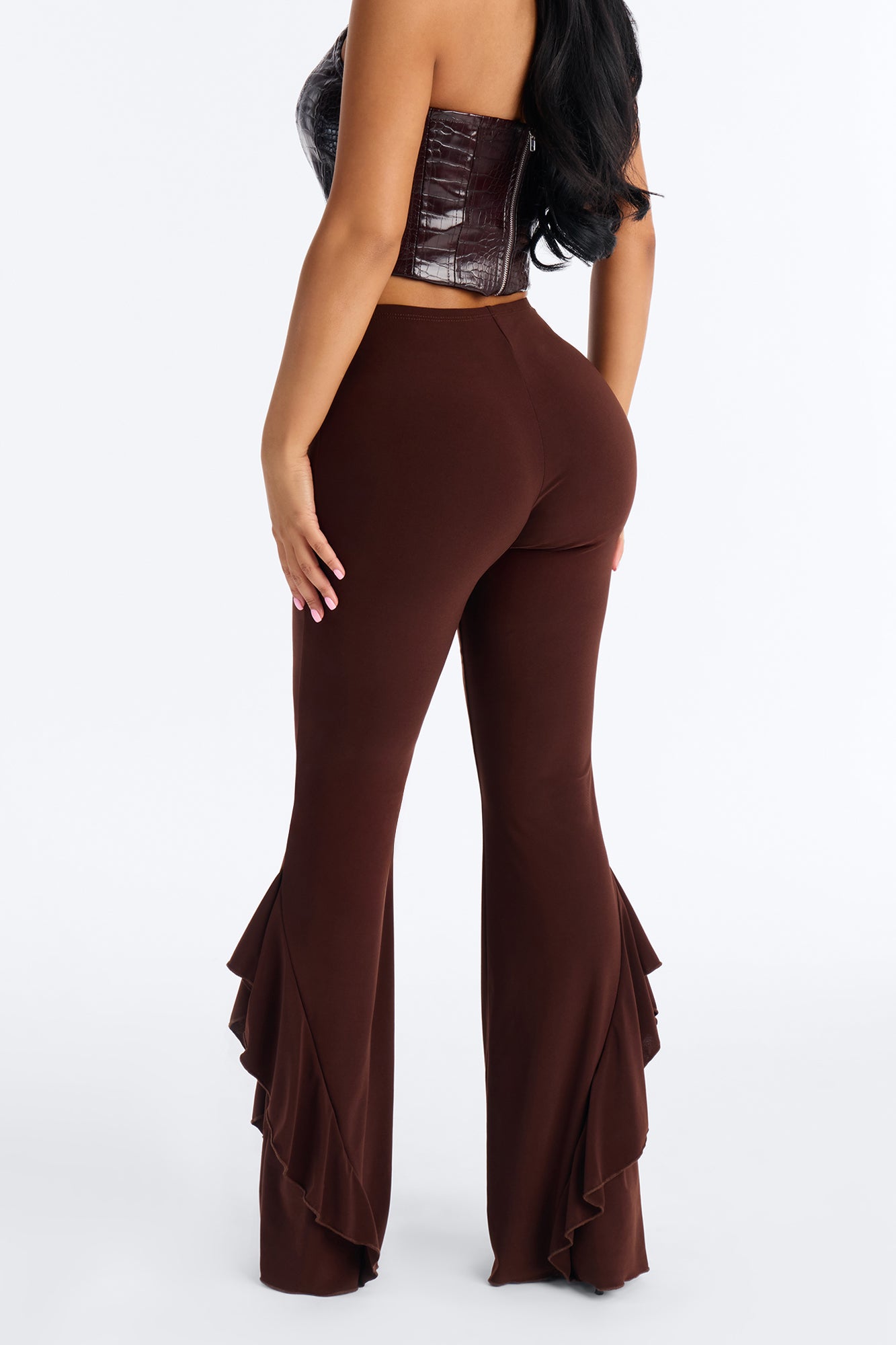 Liana Low Rise Ruffle Flare Pant 33″ - Brown