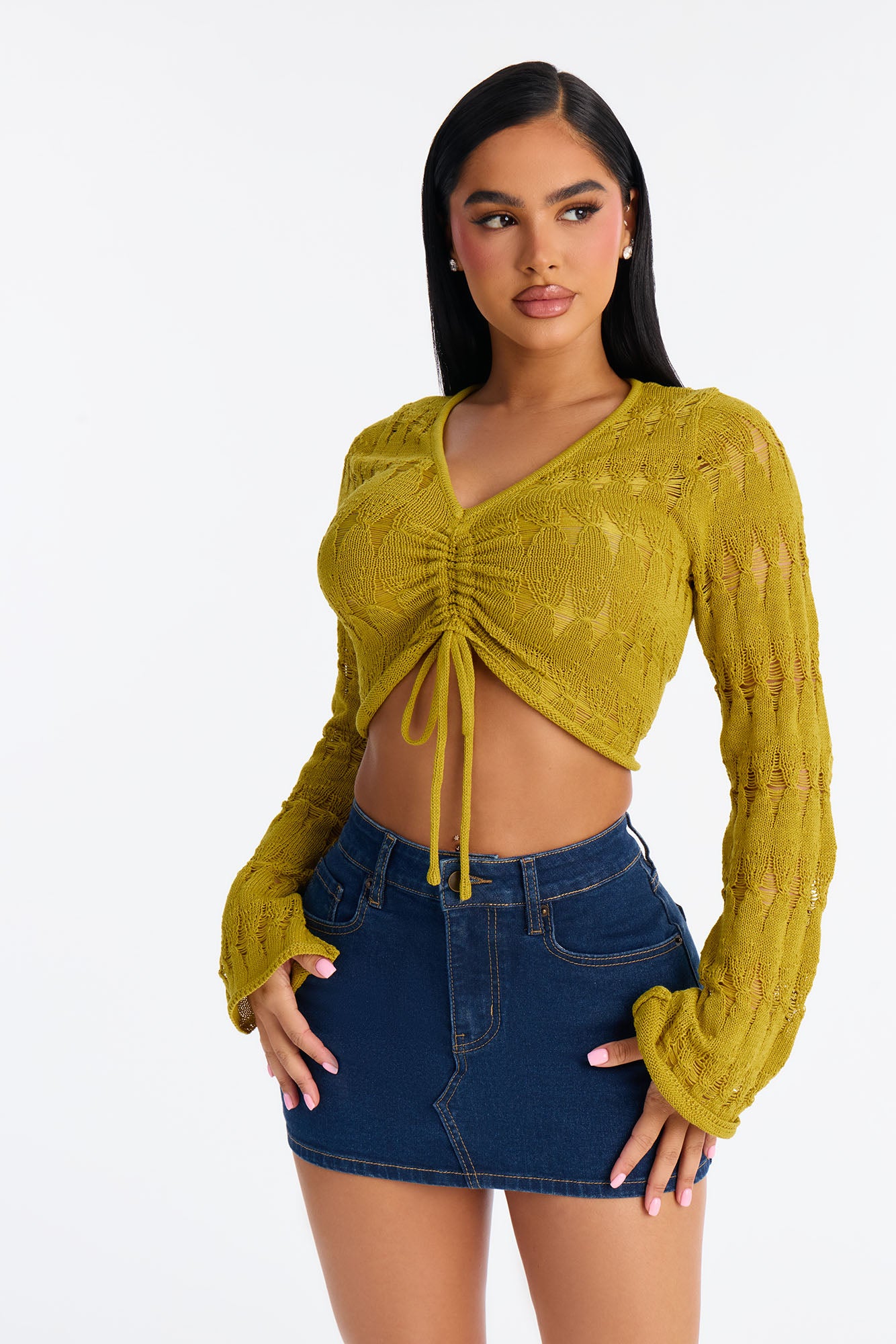 Spring Kissed Ruched Crochet Sweater Top - Chartreuse