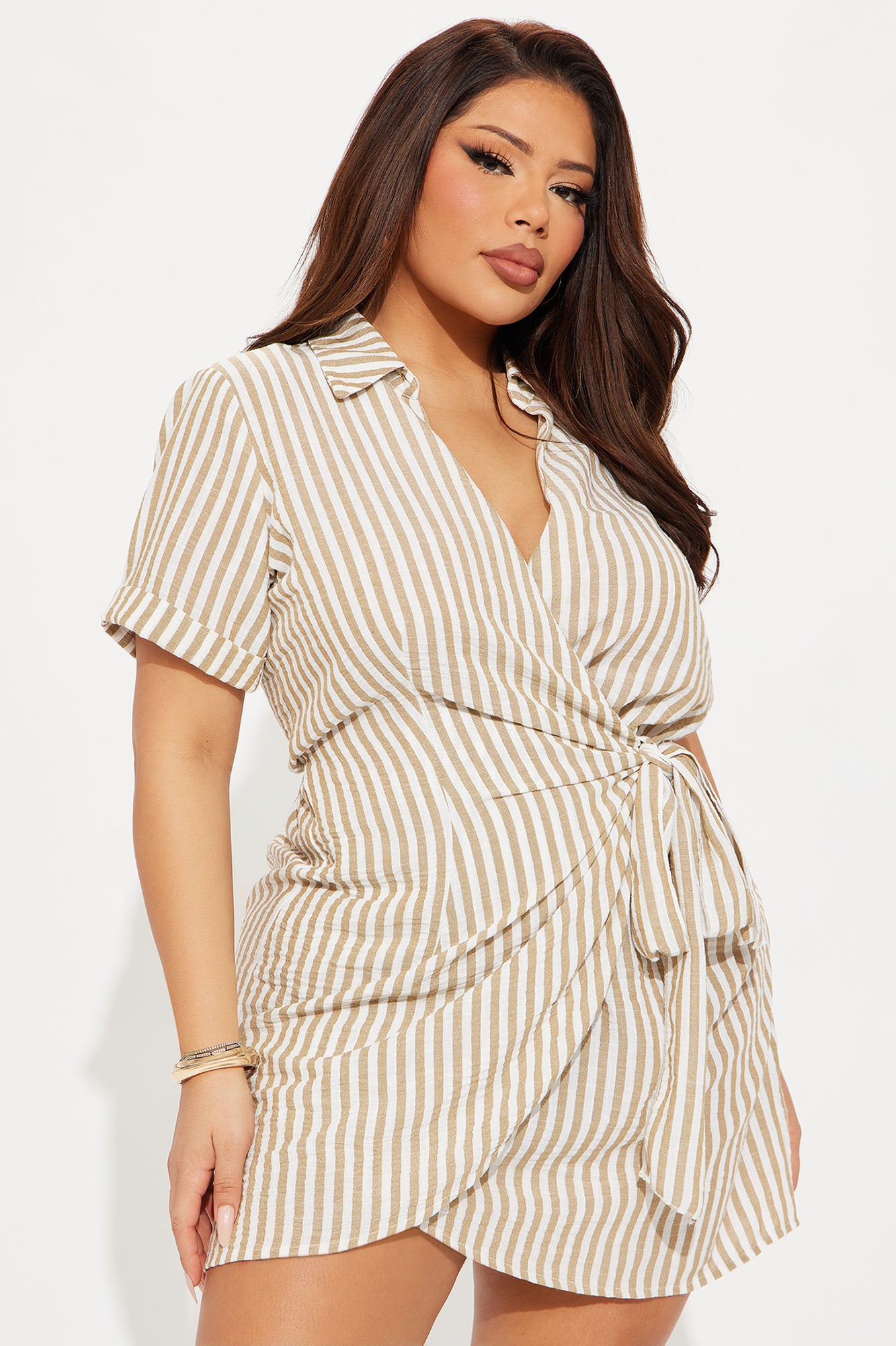 Cynthia Striped Wrap Mini Dress - Taupe