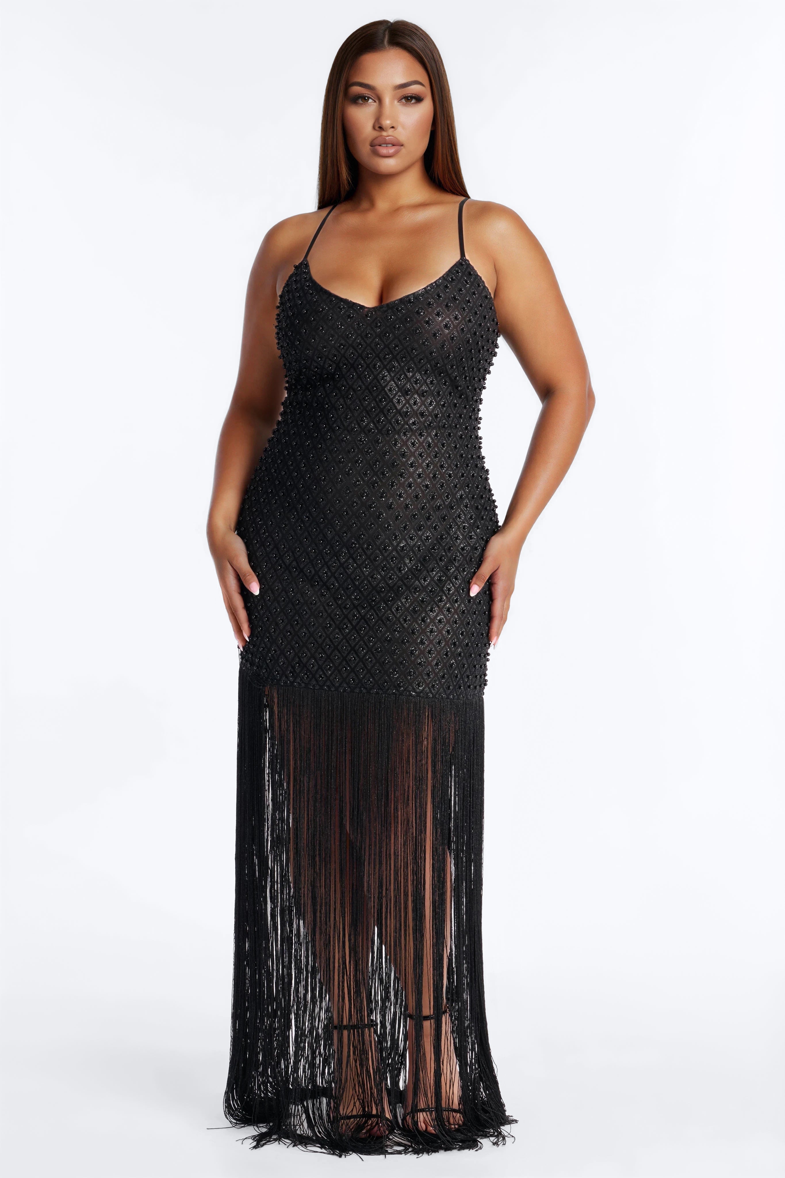 Roxi Fringe Maxi Dress - Black