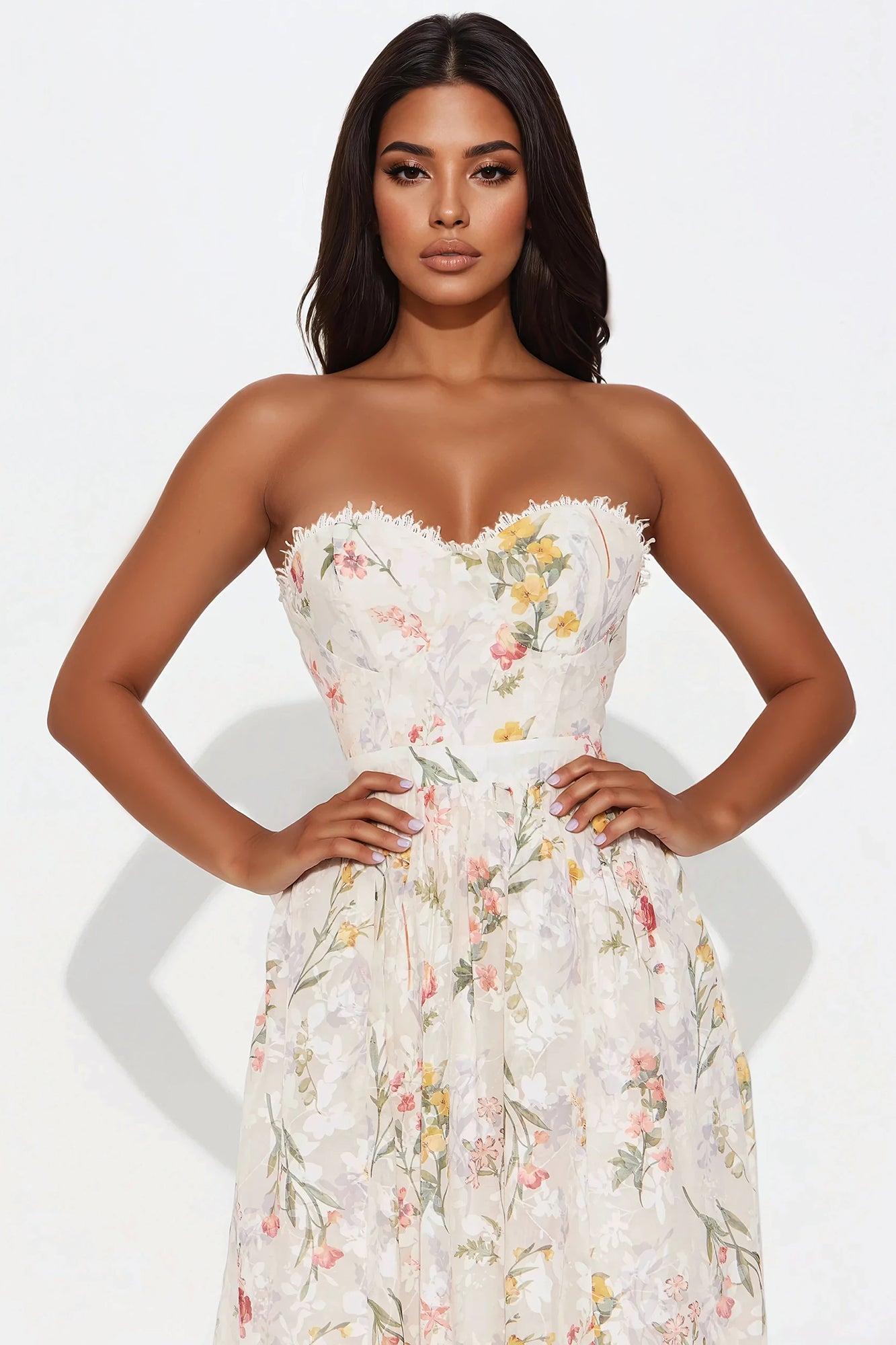 Ophelia Strapless Floral Midi Dress - Taupe/combo