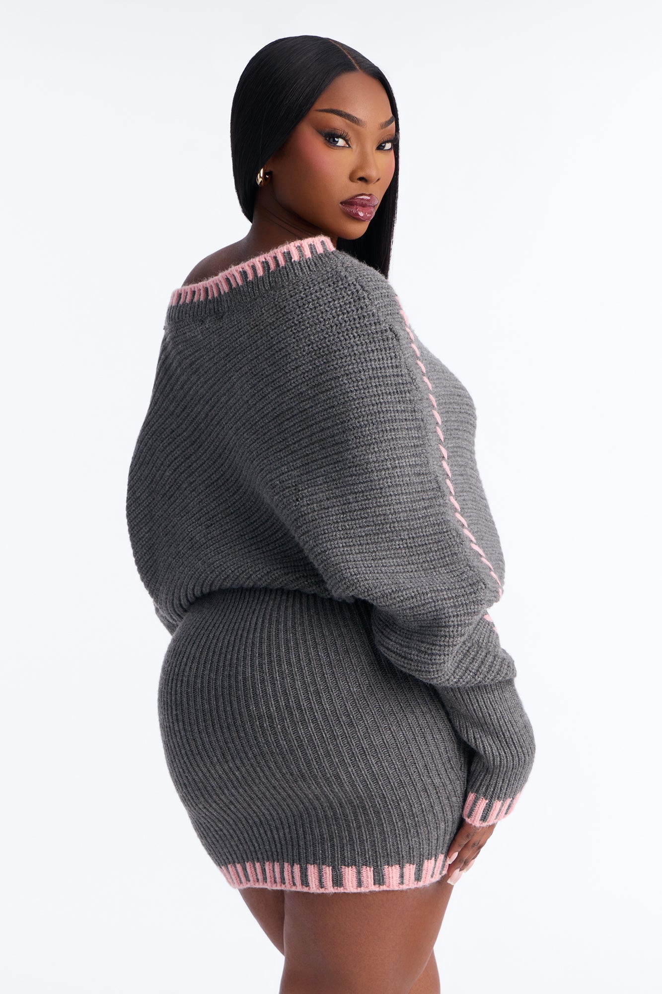Naomi Contrast Trim Sweater Mini Dress - Grey/combo