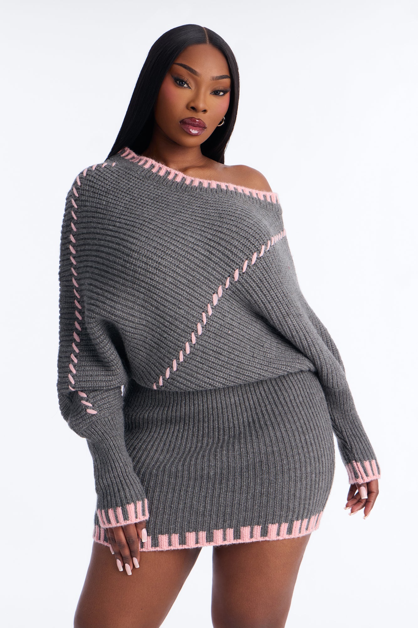 Naomi Contrast Trim Sweater Mini Dress - Grey/combo