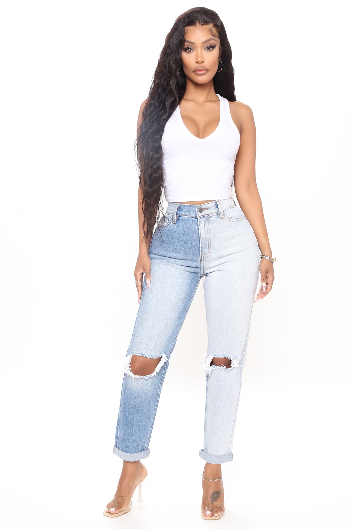 Double Vision Two Tone Mom Jeans - Blue/combo