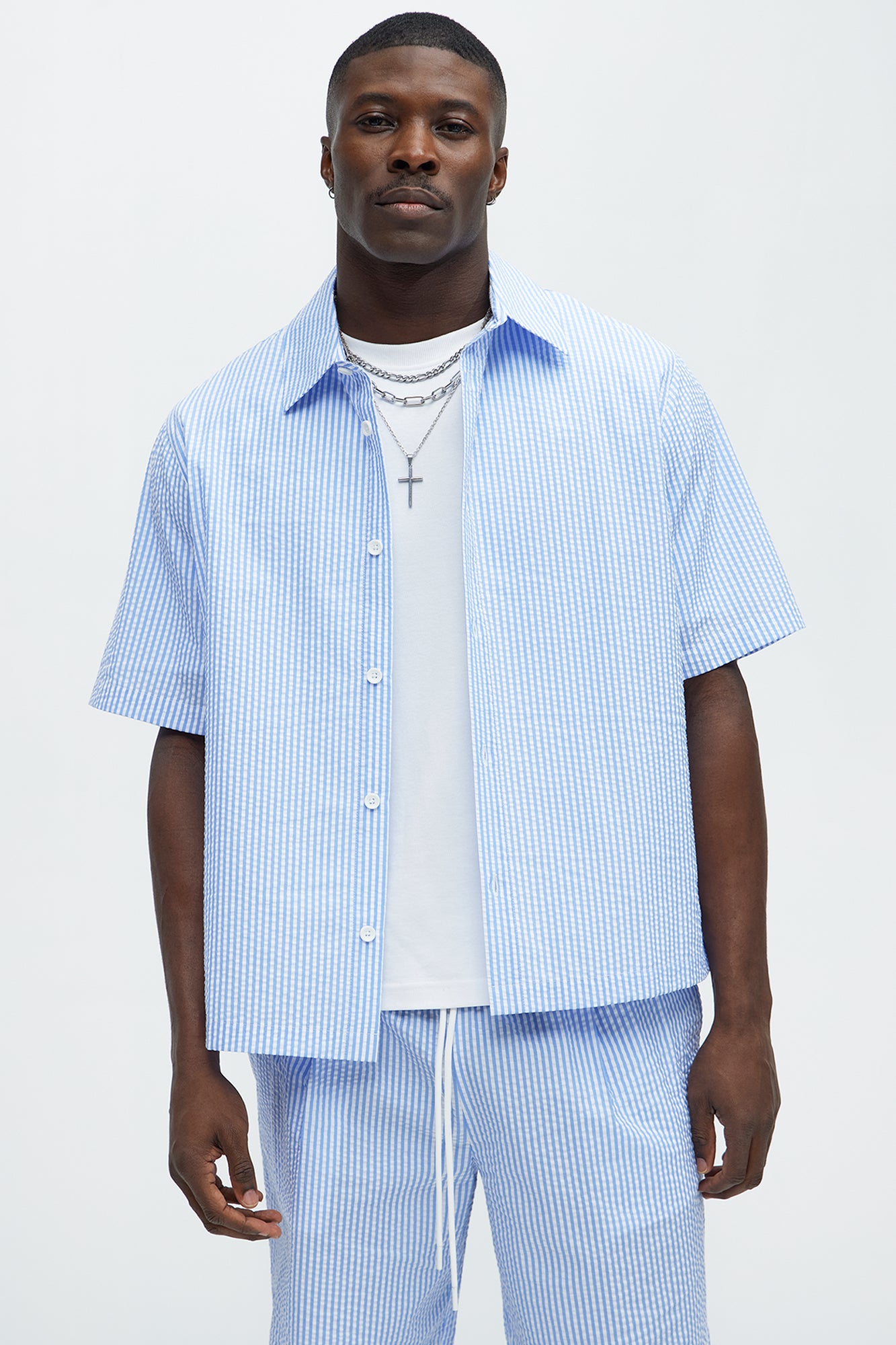 Seersucker Short Sleeve Button Up Shirt - Blue/combo