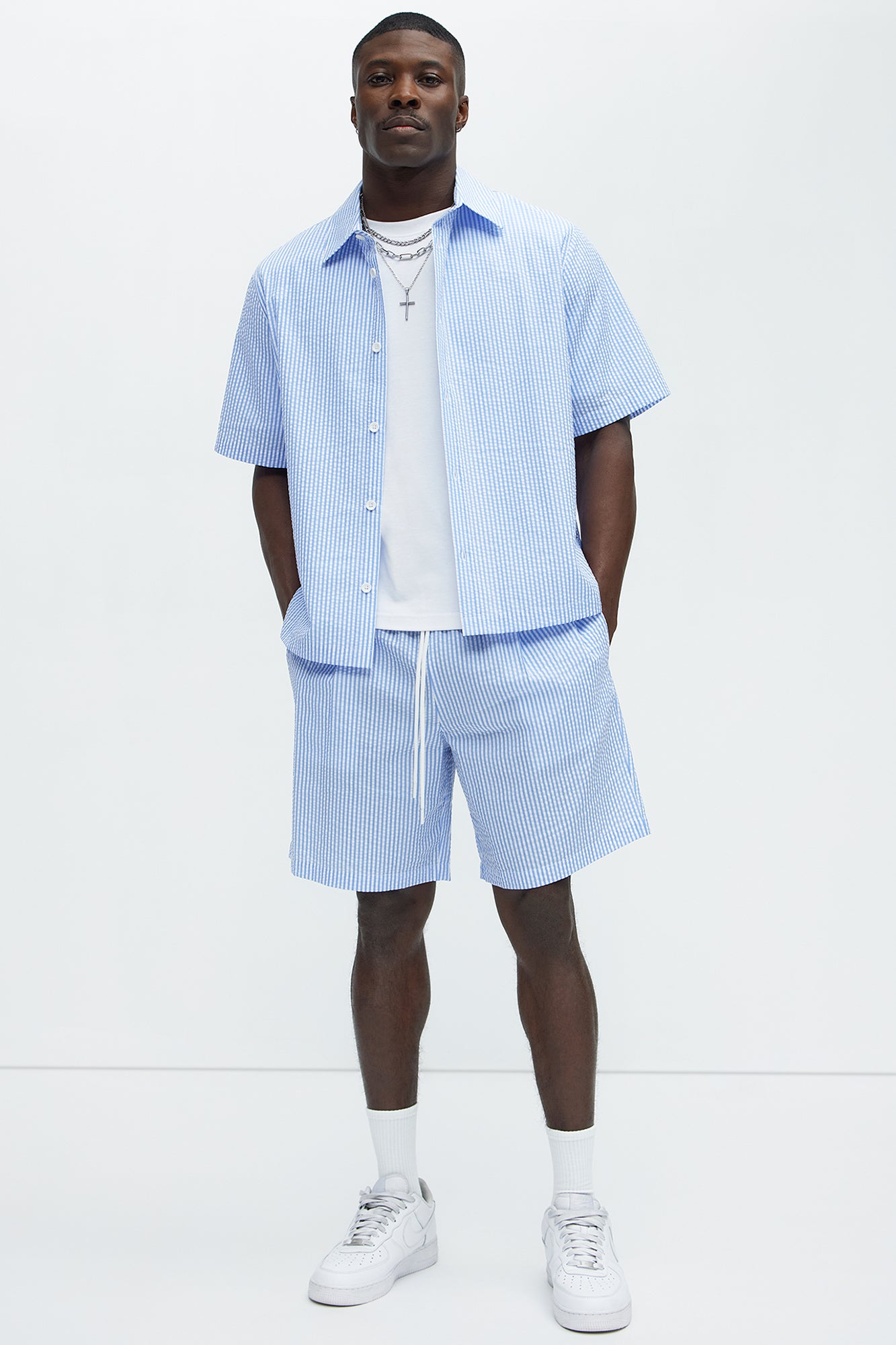Seersucker Relaxed Shorts - Blue/combo