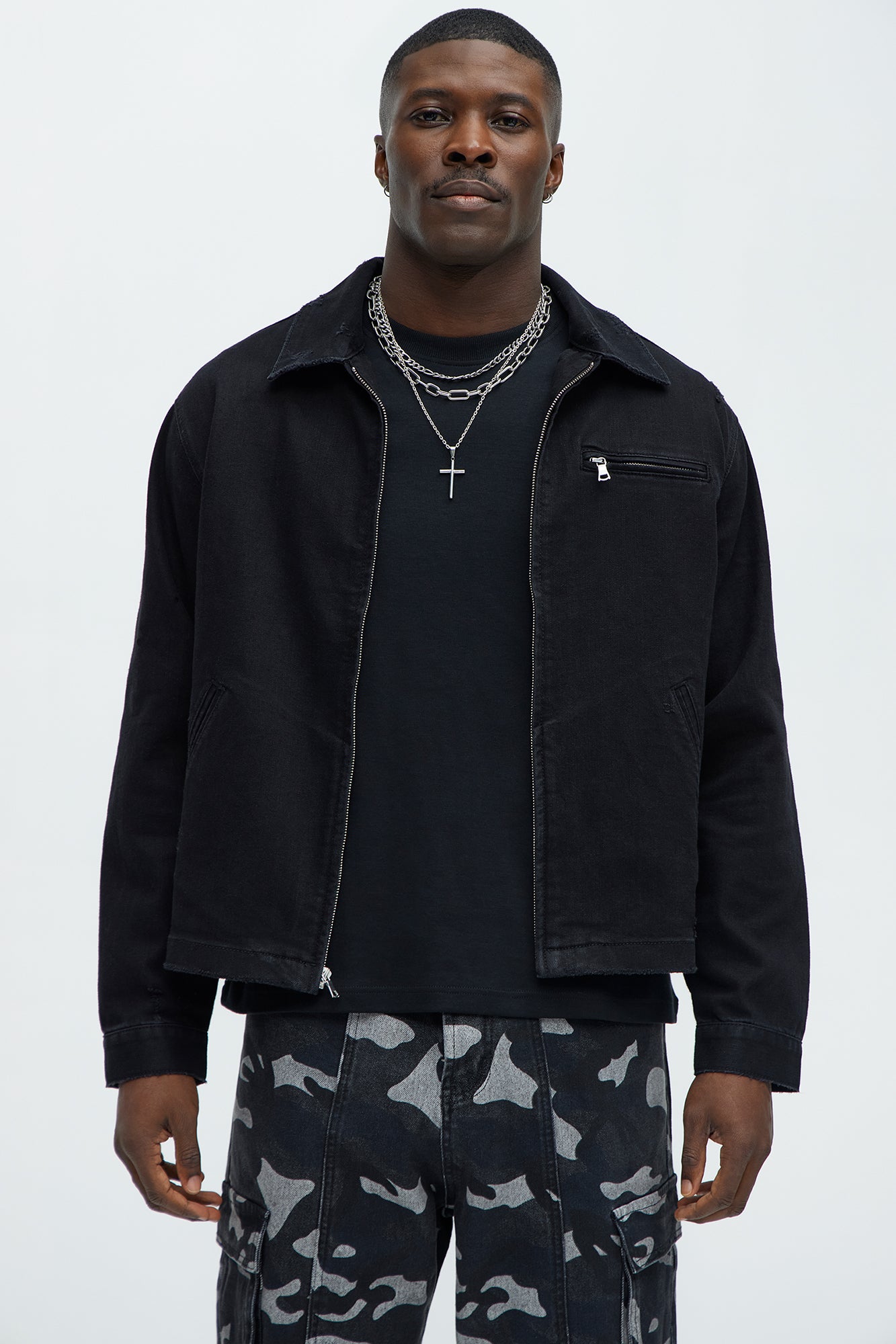 Distressed Zip Denim Jacket - Black