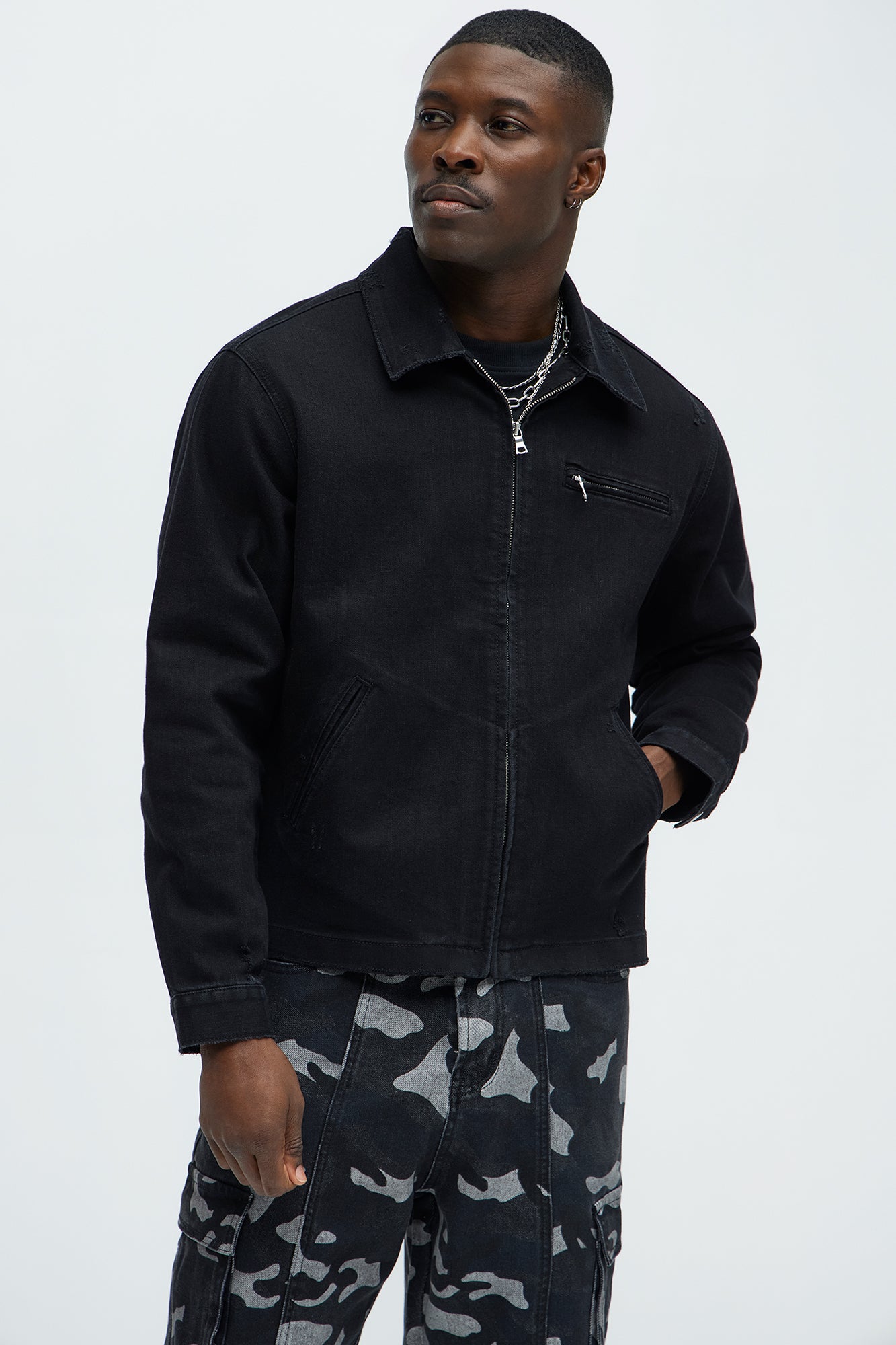 Distressed Zip Denim Jacket - Black