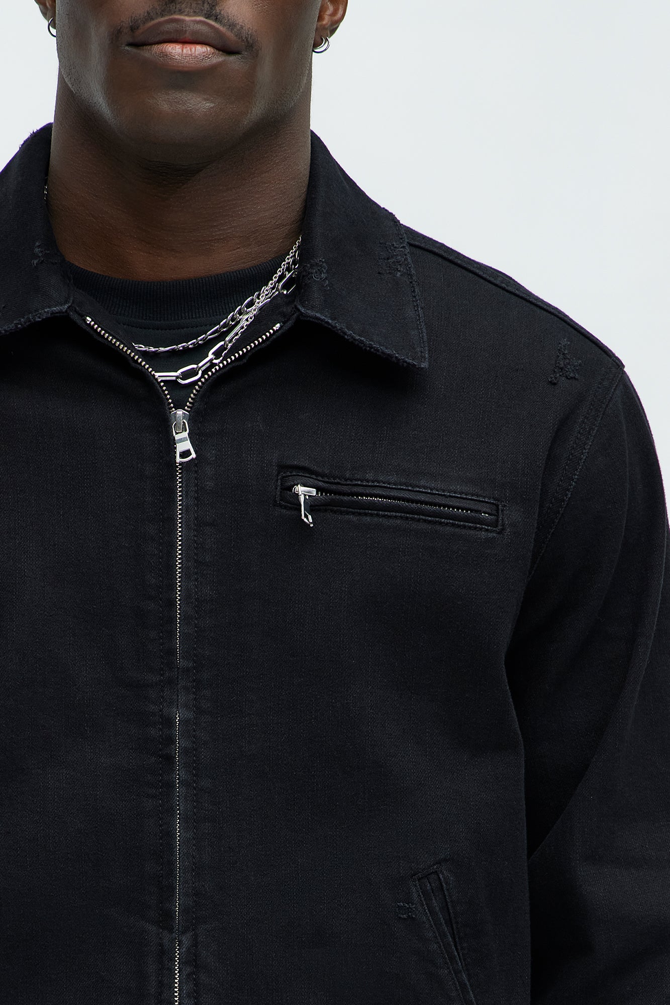 Distressed Zip Denim Jacket - Black