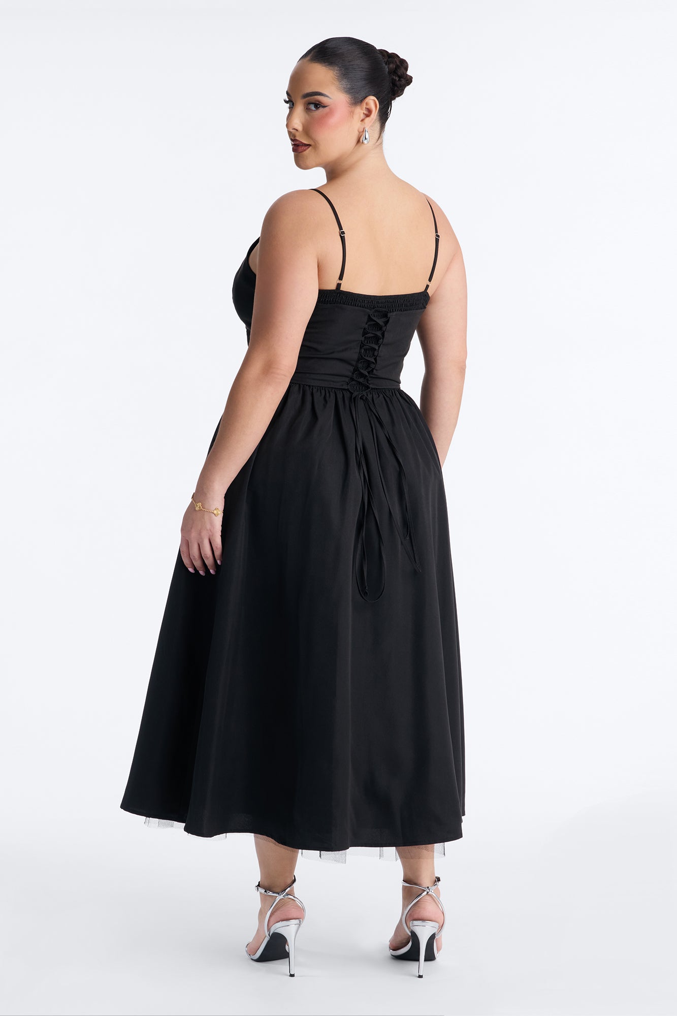 Flora Lace Up Midi Dress - Black