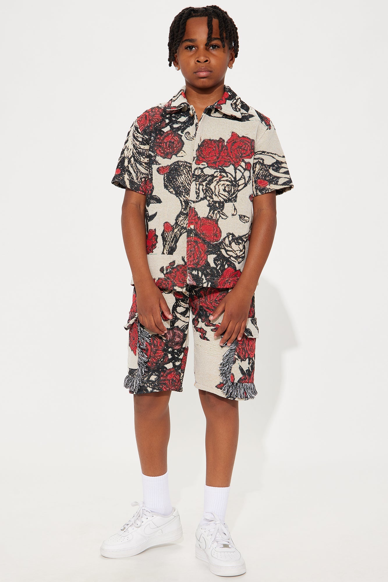 Mini Petals Tapestry Short Sleeve Button Up Shirt - Red/combo