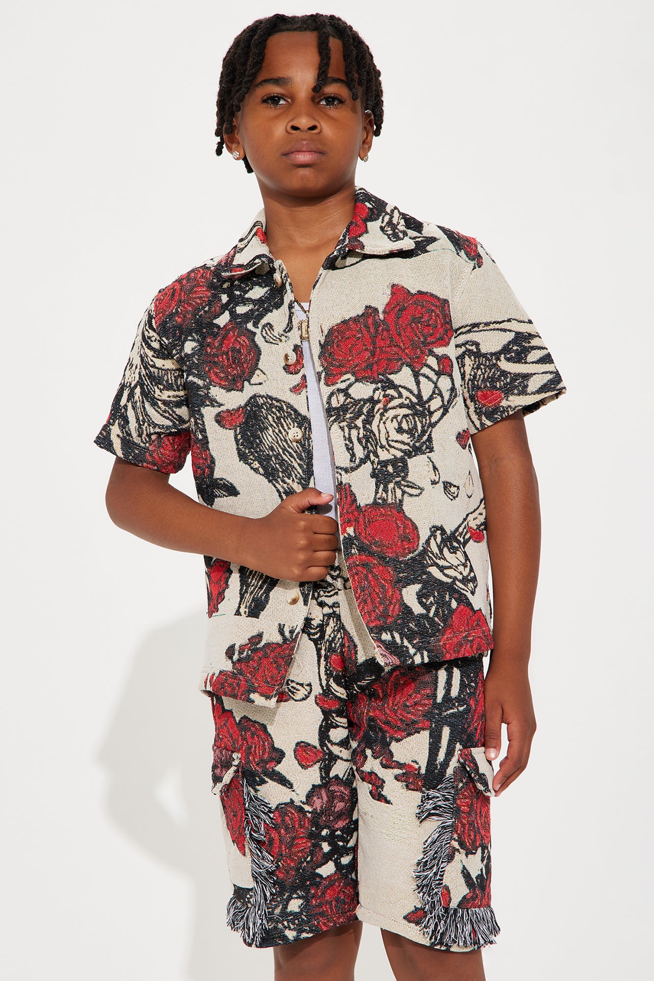 Mini Petals Tapestry Short Sleeve Button Up Shirt - Red/combo