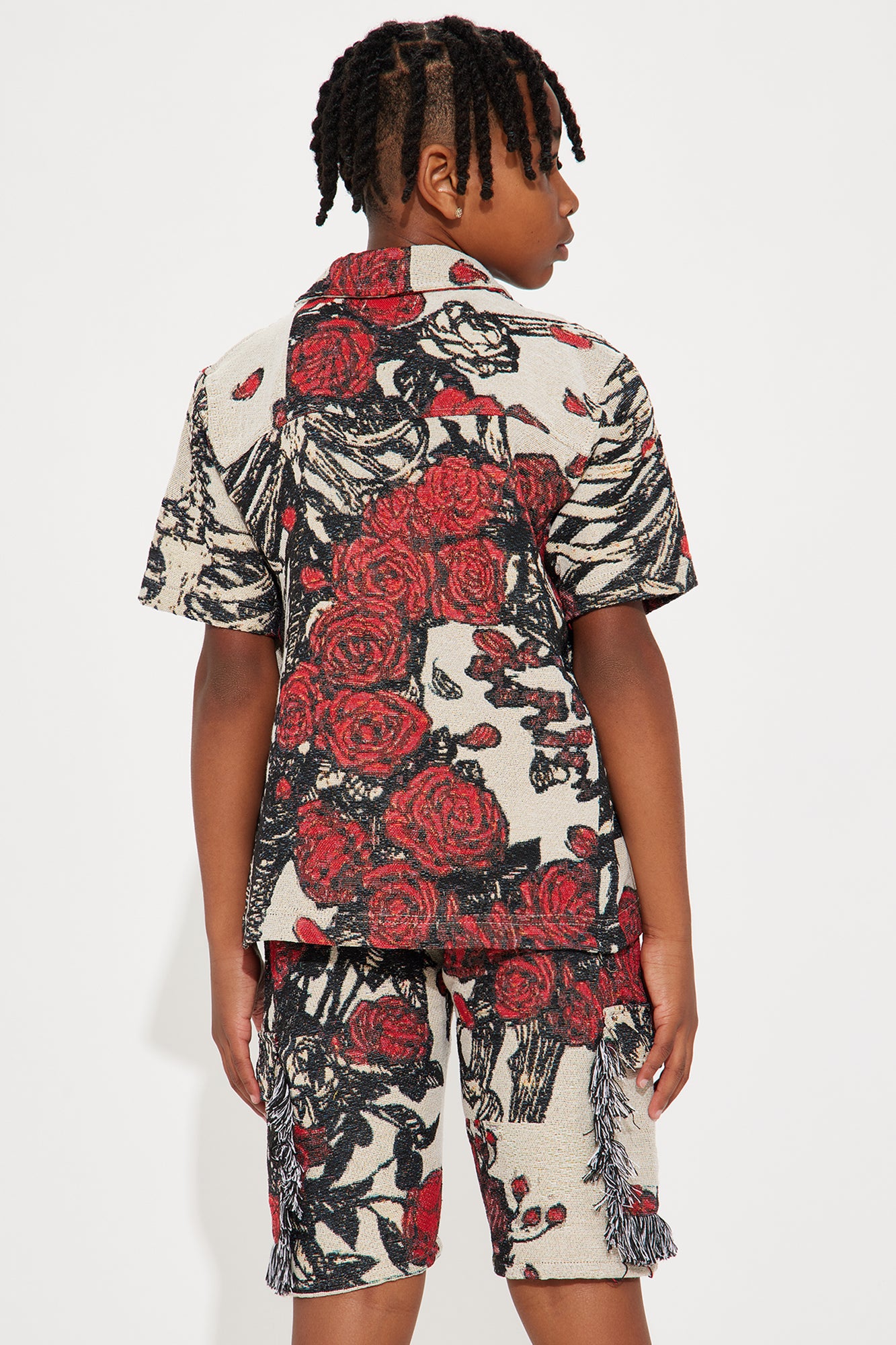 Mini Petals Tapestry Short Sleeve Button Up Shirt - Red/combo