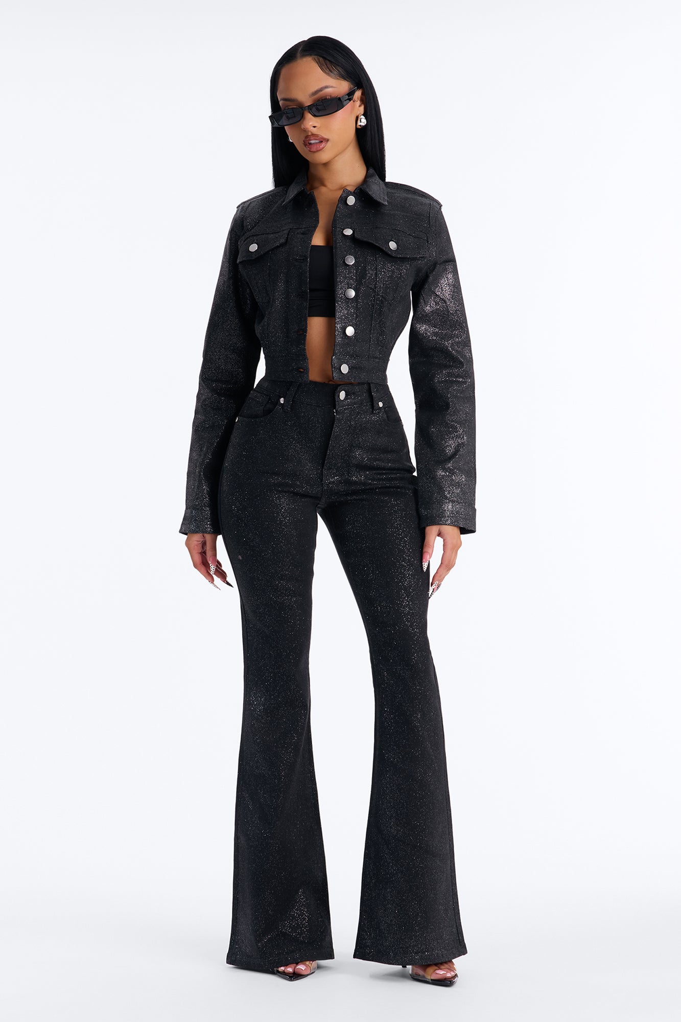 Past Midnight Glitter Foil Denim Jacket - Black